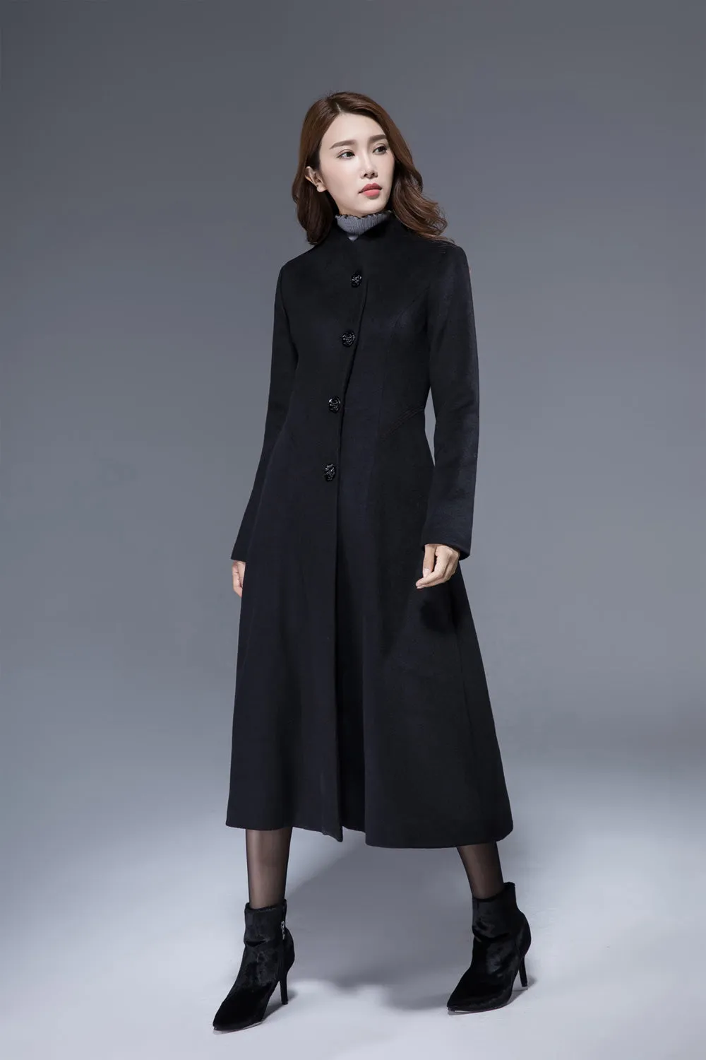 black vintage wool coat womens winter warm jacket 1824#