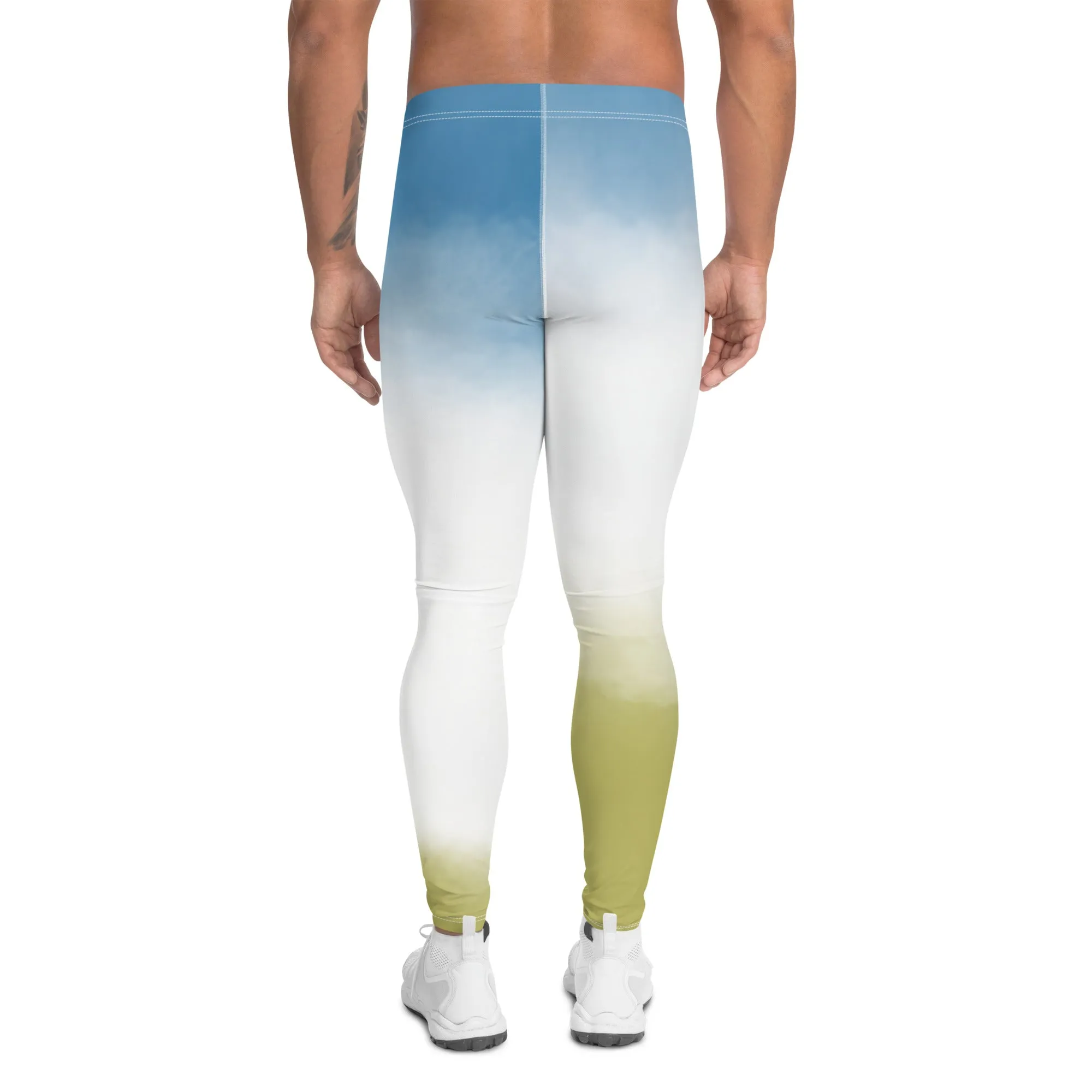 Blue Yellow Abstract Men's Leggings, Best Modern Minimalist Premium Meggings Running Tights-Made in USA/EU