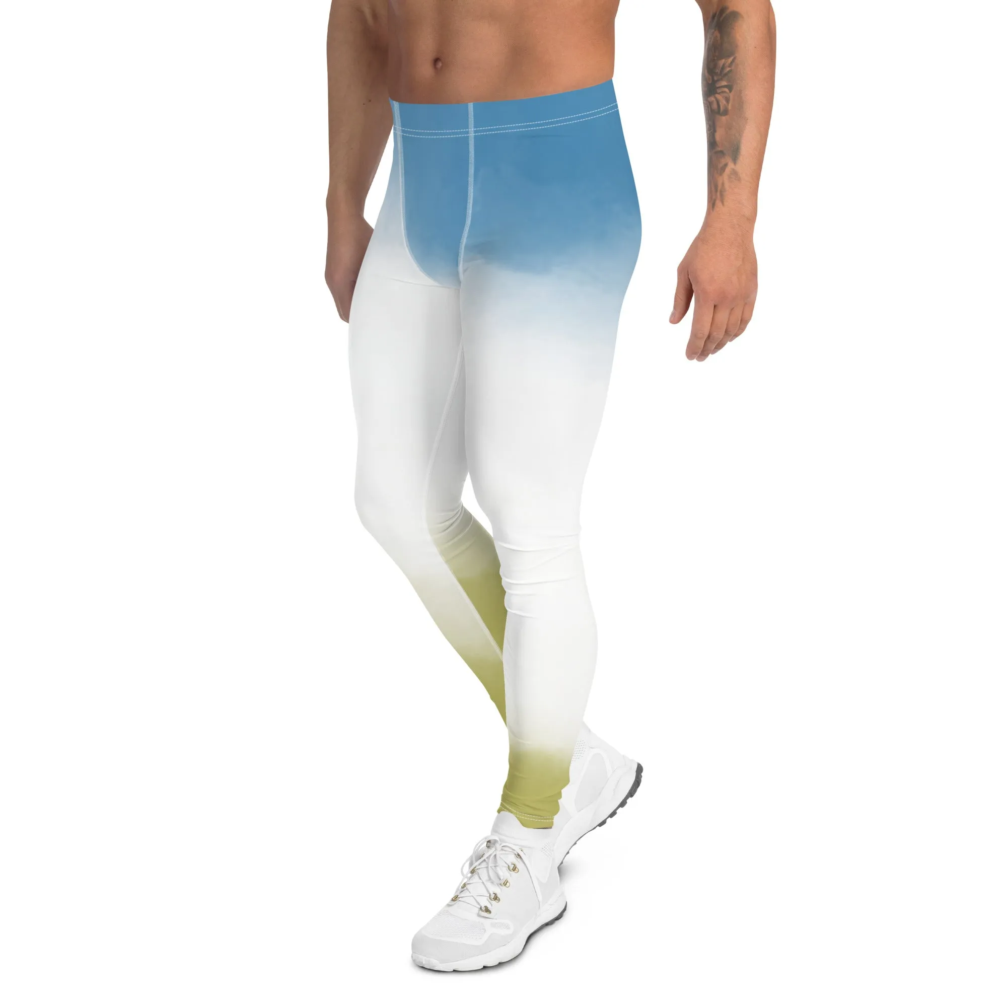 Blue Yellow Abstract Men's Leggings, Best Modern Minimalist Premium Meggings Running Tights-Made in USA/EU