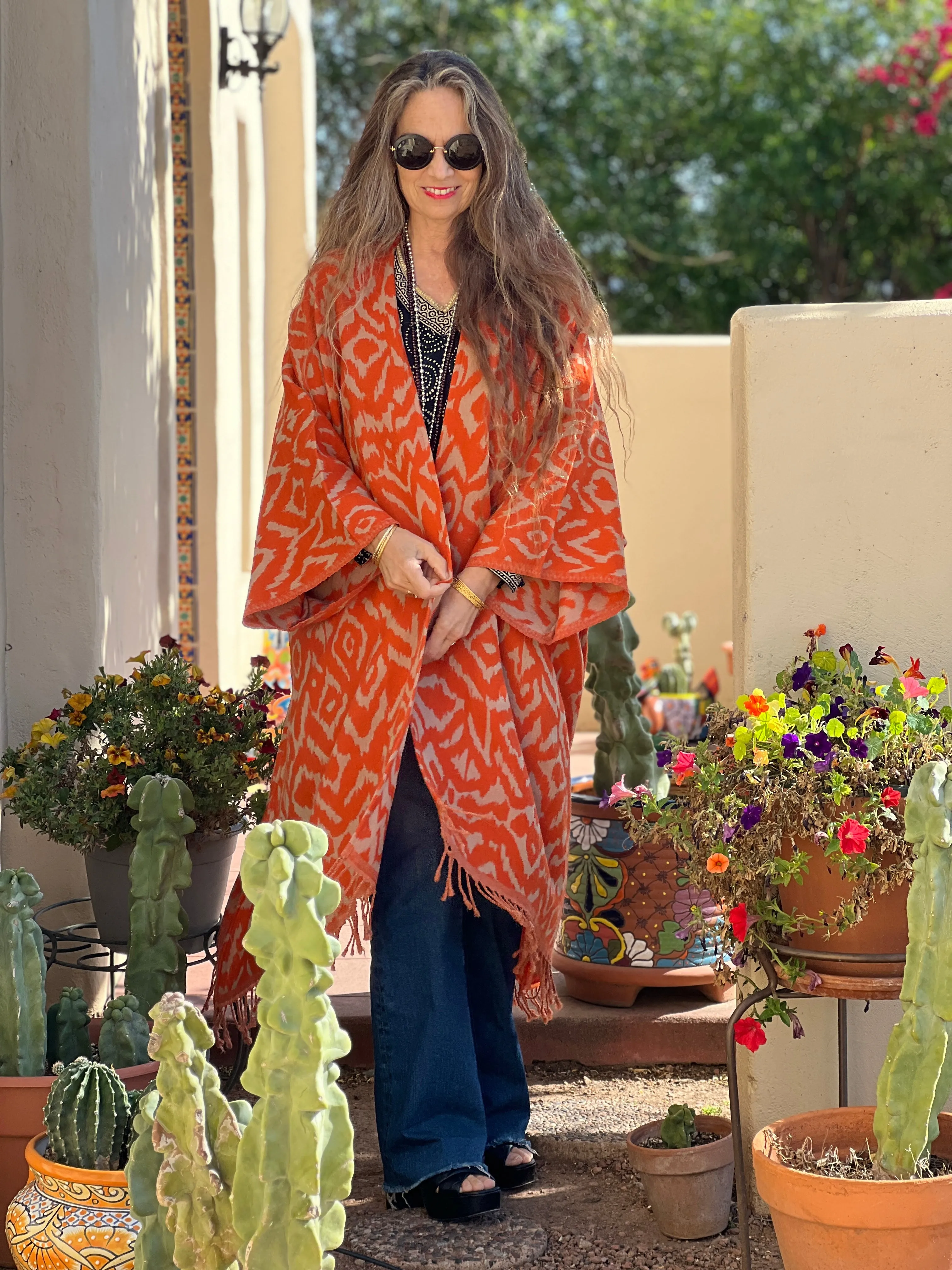 Cheryl Tangerine Ikat Boiled Wool Kimono Coat