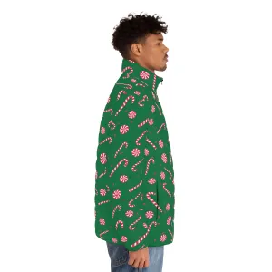 Christmas Candy Cane Men's Jacket, Best Christmas Winter Regular Fit Polyester Men's Puffer Jacket With Stand Up Collar (US Size: S-2XL)