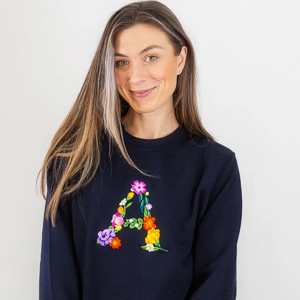 Embroidered Floral Initial Navy Sweatshirt