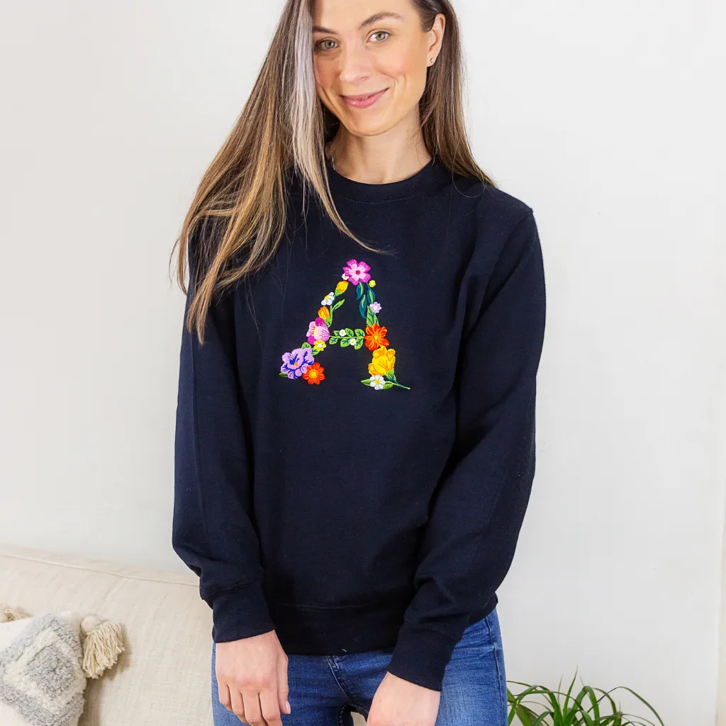 Embroidered Floral Initial Navy Sweatshirt