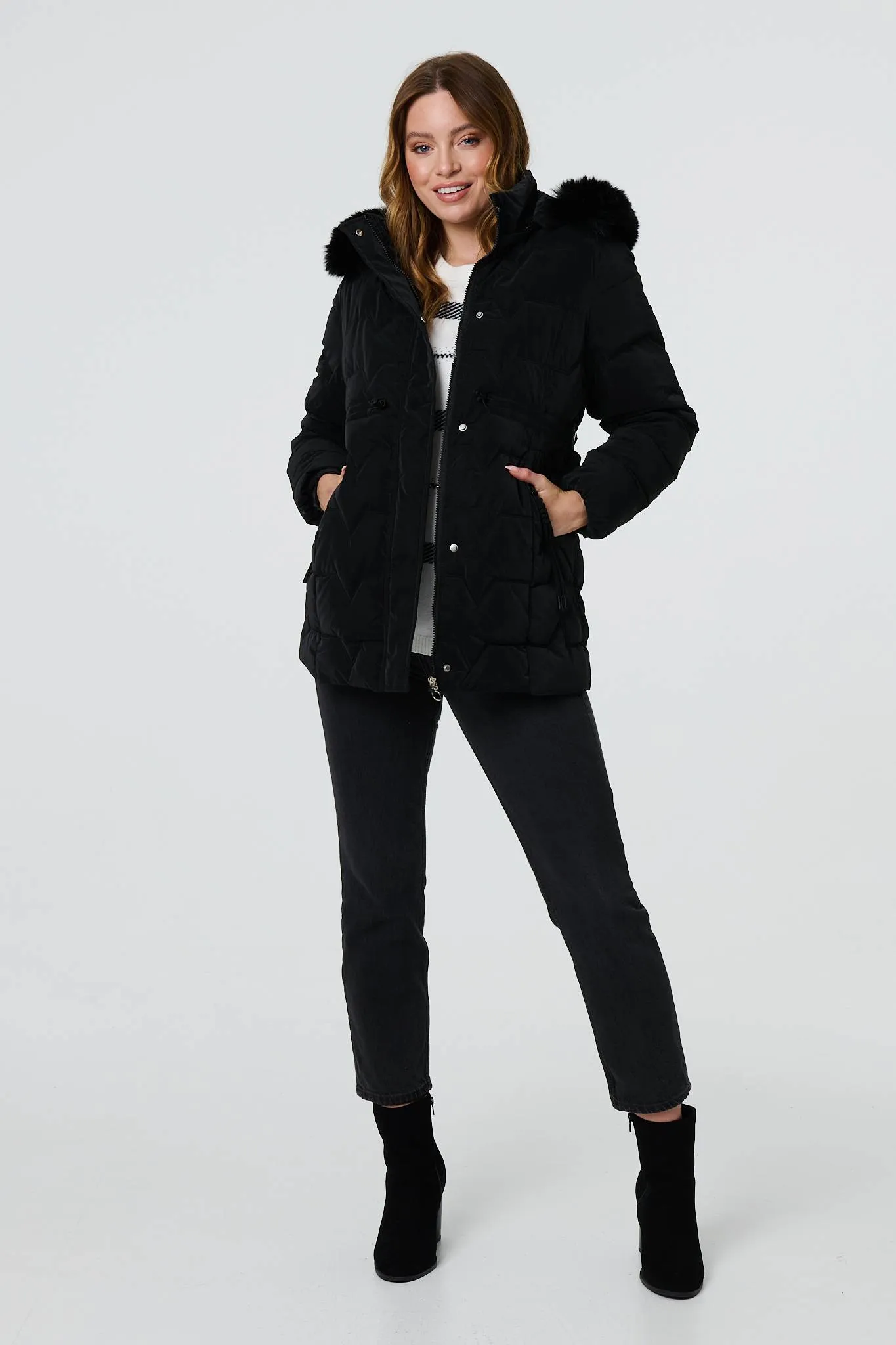 Faux Fur Padded Zip-Up Hooded Jacket