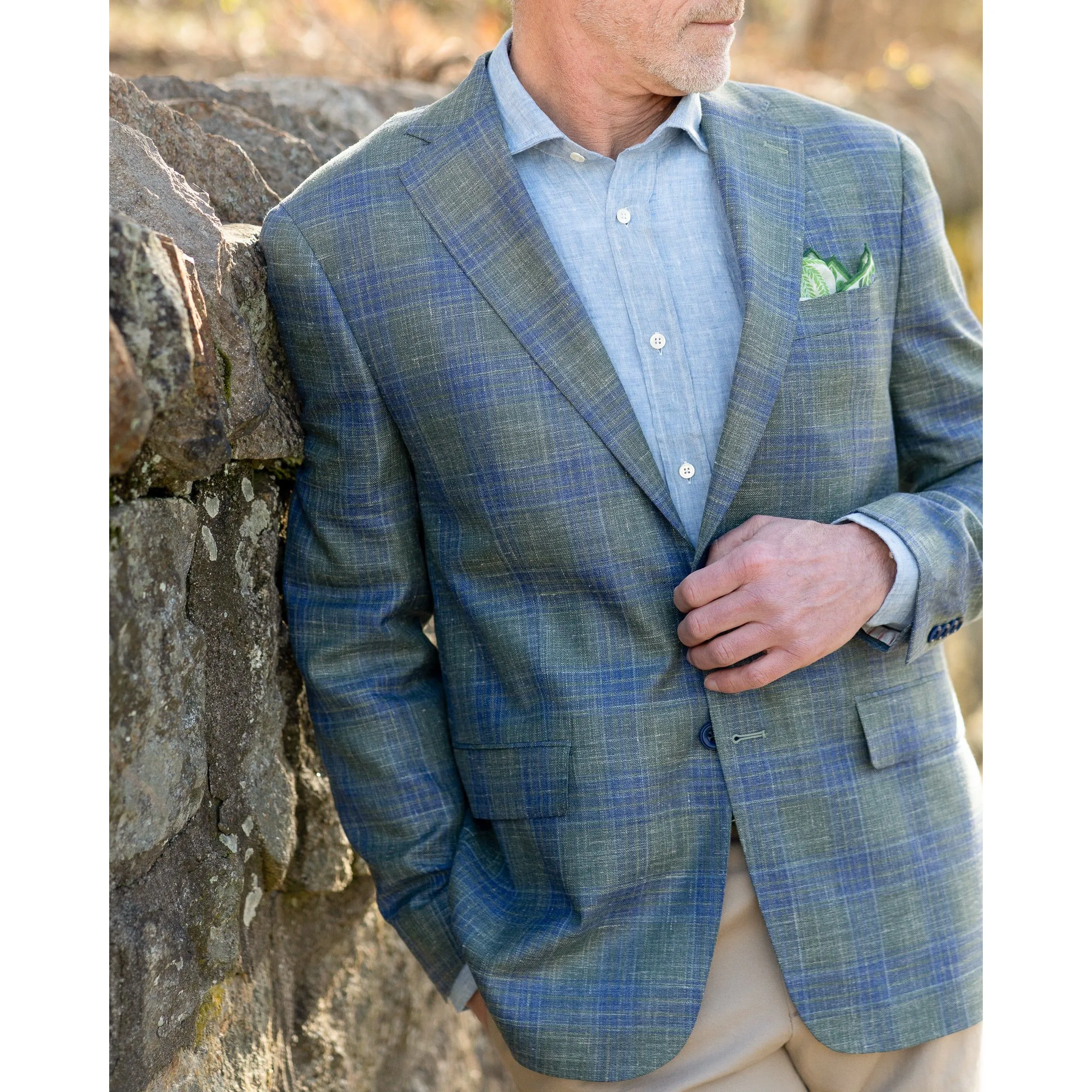 Green with Blue Plaid Wool, Silk, Linen Sport Coat