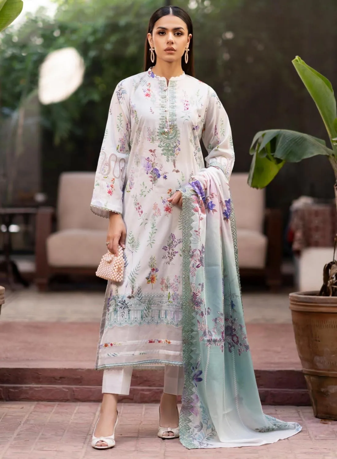 Gulljee Light Grey Unstitched Printed Pakistani Lawn Suit with Embroidery