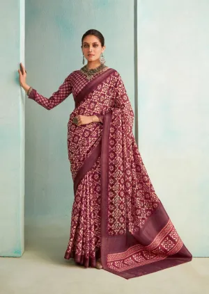 Heartwarming Wine Handloom Silk Weave Traditional Saree