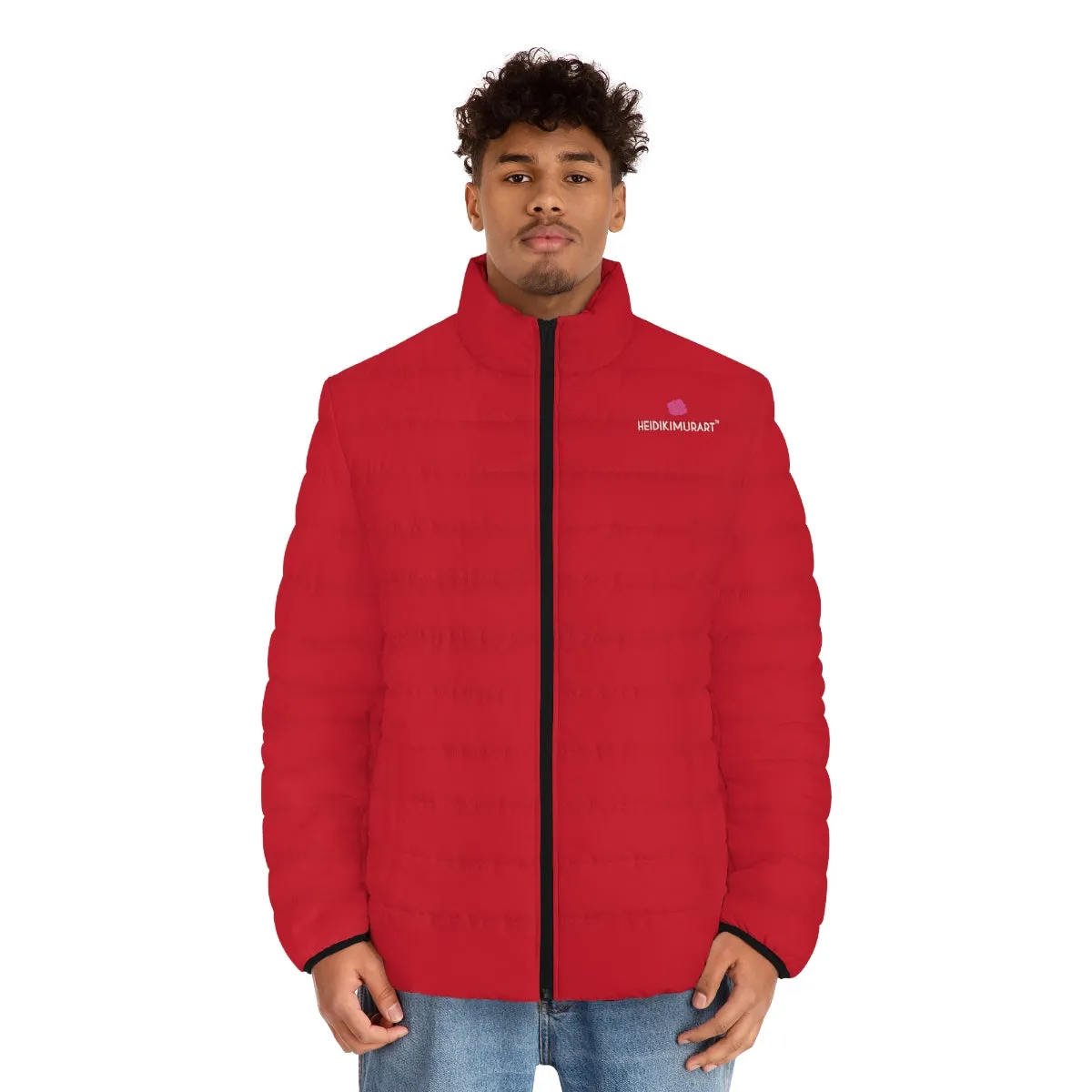 Hot Red Color Men's Jacket, Best Regular Fit Polyester Men's Puffer Jacket With Stand Up Collar (US Size: S-2XL)