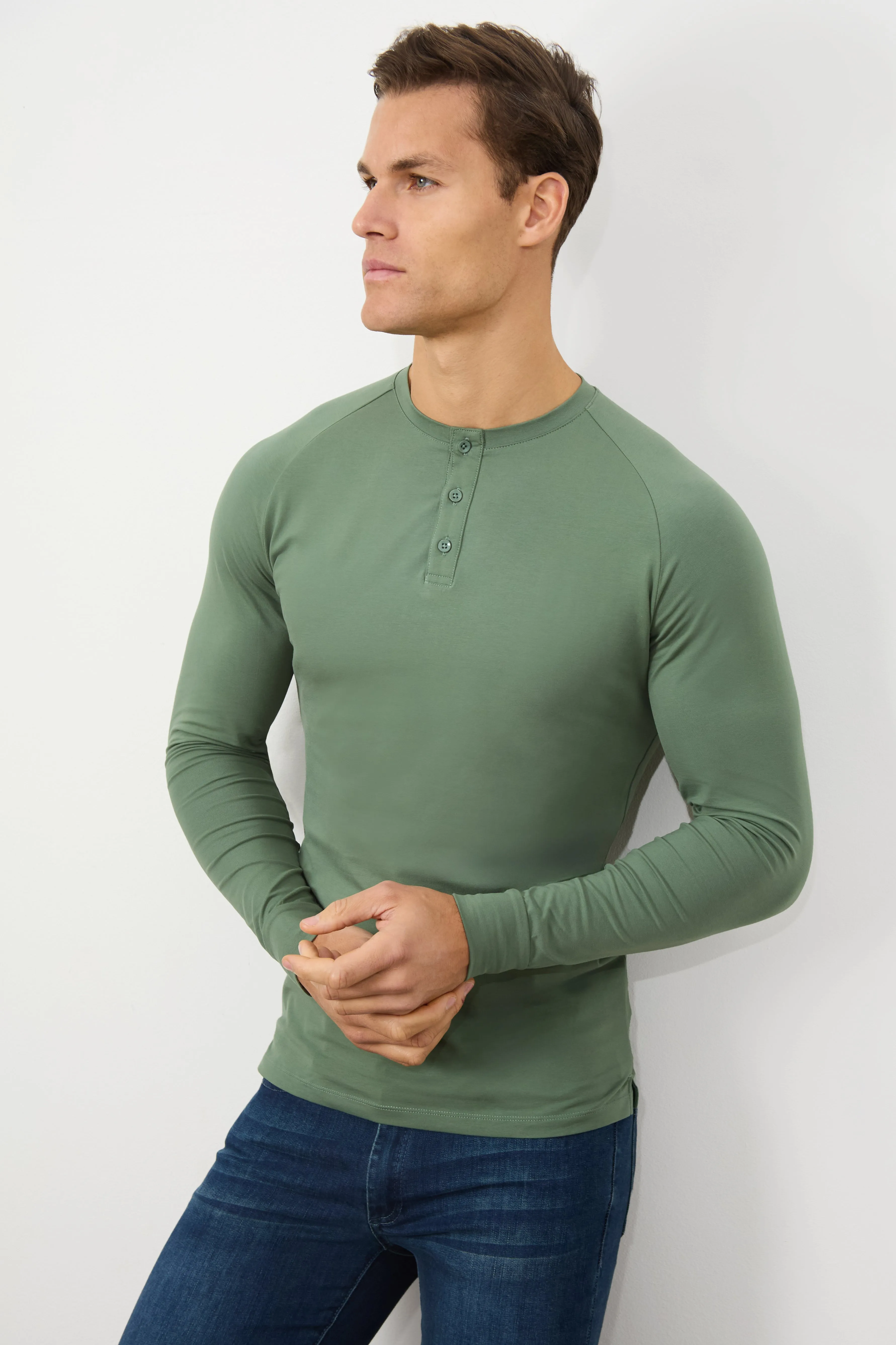 Long Sleeve Everyday Henley T-Shirt in Sage Green