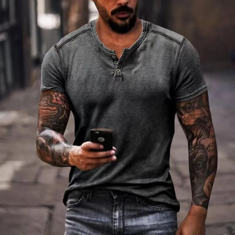 Men's Casual Solid Color Henley Collar Short Sleeve T-Shirt 55722222Y