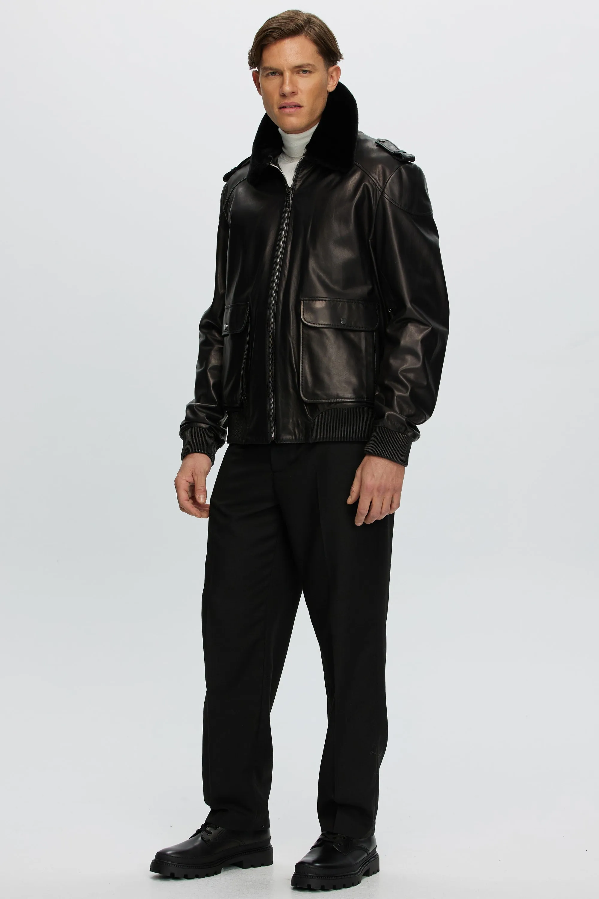 Men's Leather Jacket with Detachable Shearling Lamb Collar