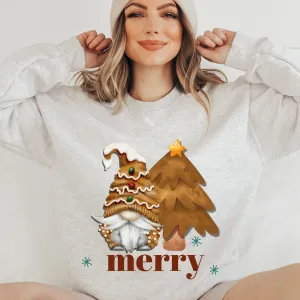 Merry Gingerbread Gnome Unisex Size Crewneck Sweatshirt Women's Cute Hand Painted Gnome Christmas Pullover in Sand, Ash, Navy, White