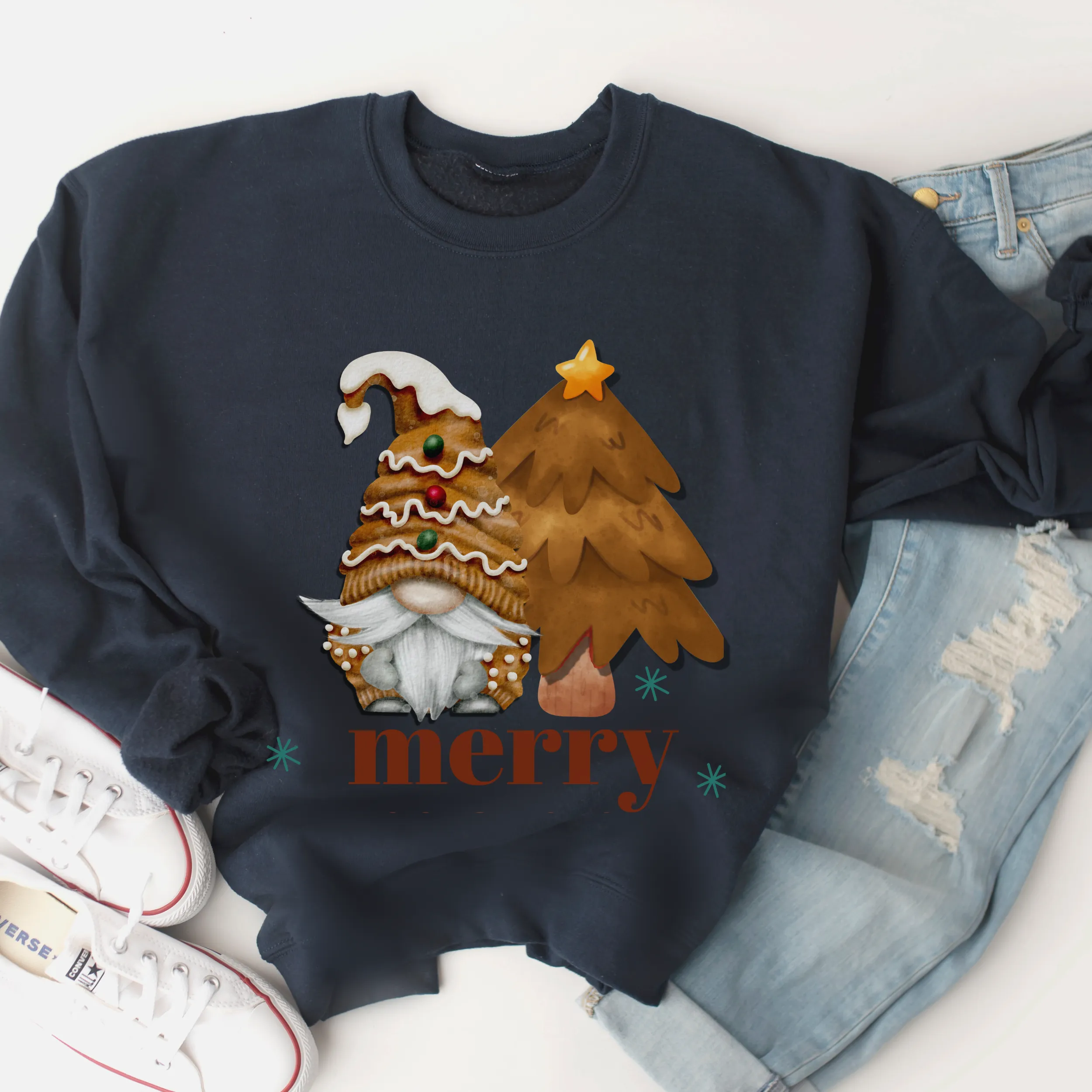 Merry Gingerbread Gnome Unisex Size Crewneck Sweatshirt Women's Cute Hand Painted Gnome Christmas Pullover in Sand, Ash, Navy, White