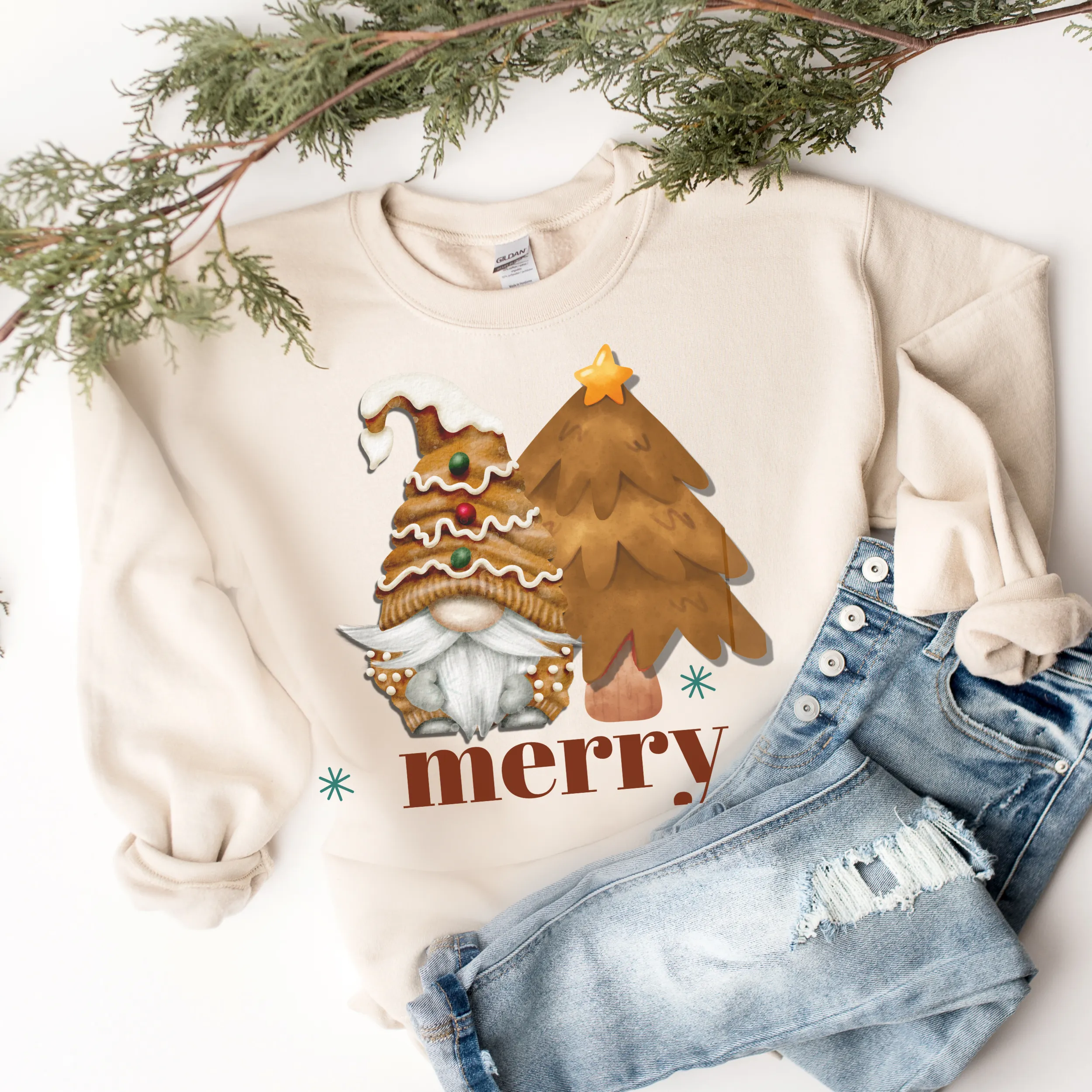 Merry Gingerbread Gnome Unisex Size Crewneck Sweatshirt Women's Cute Hand Painted Gnome Christmas Pullover in Sand, Ash, Navy, White