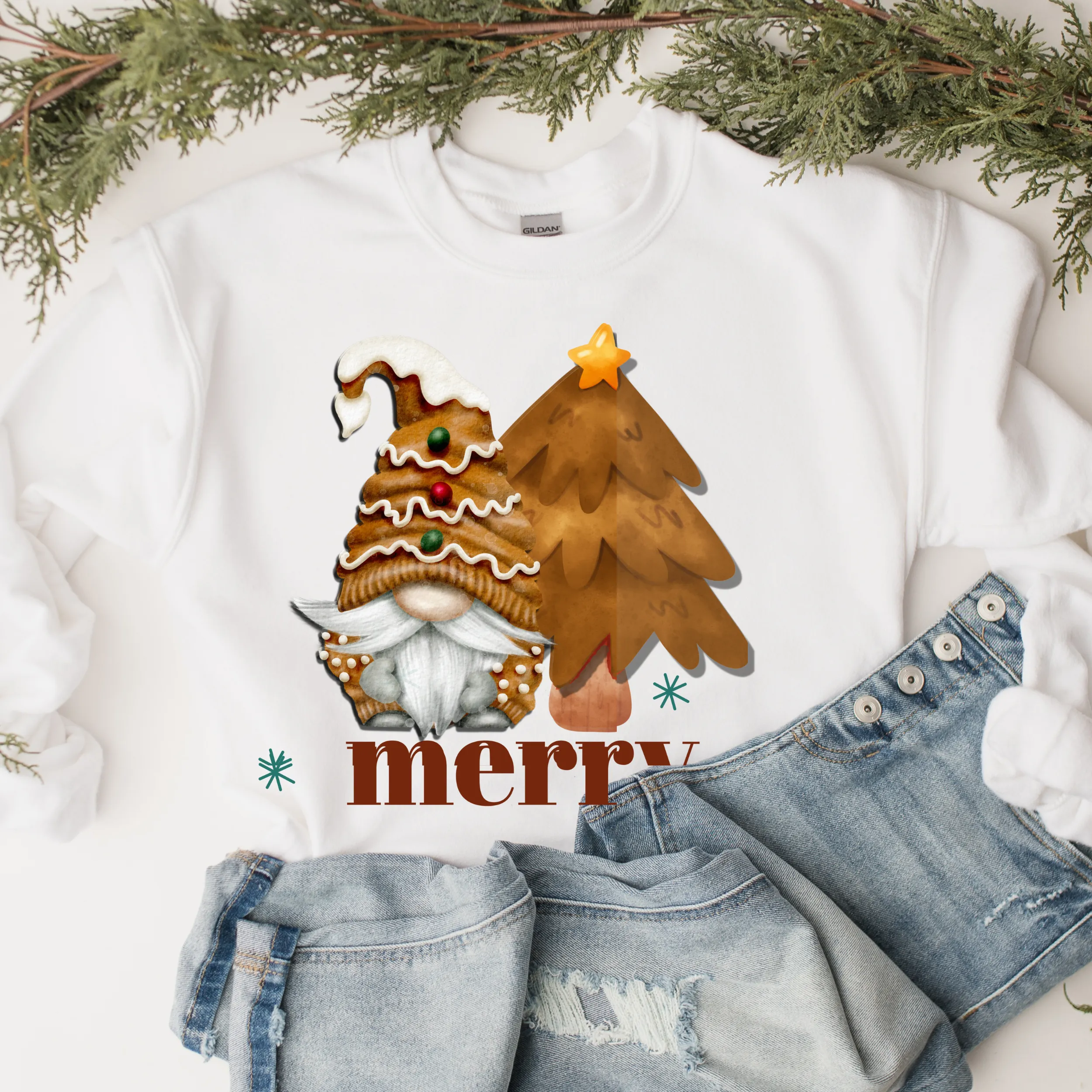 Merry Gingerbread Gnome Unisex Size Crewneck Sweatshirt Women's Cute Hand Painted Gnome Christmas Pullover in Sand, Ash, Navy, White