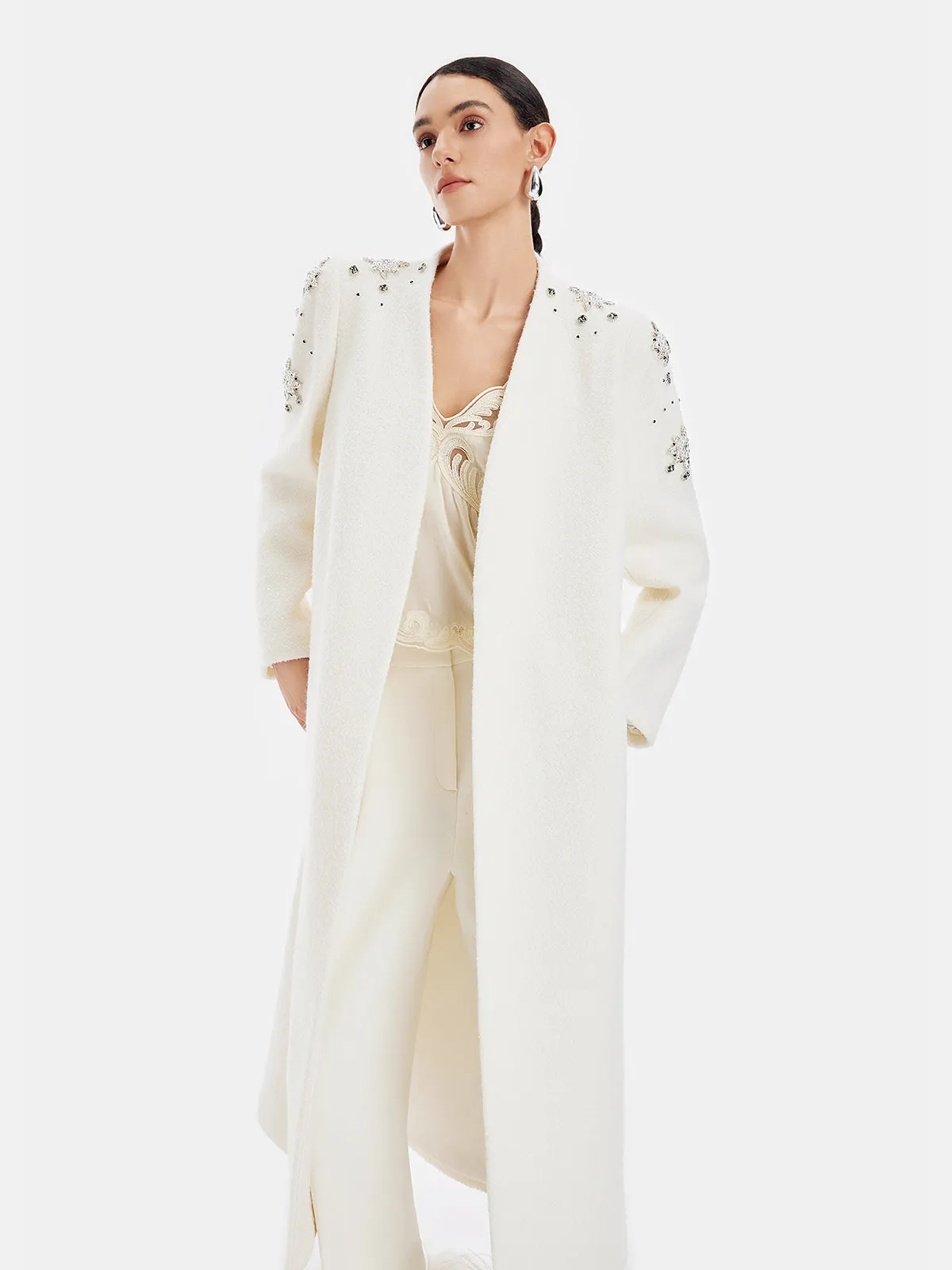 Minimalist Crystal Embellished Cashmere Coat