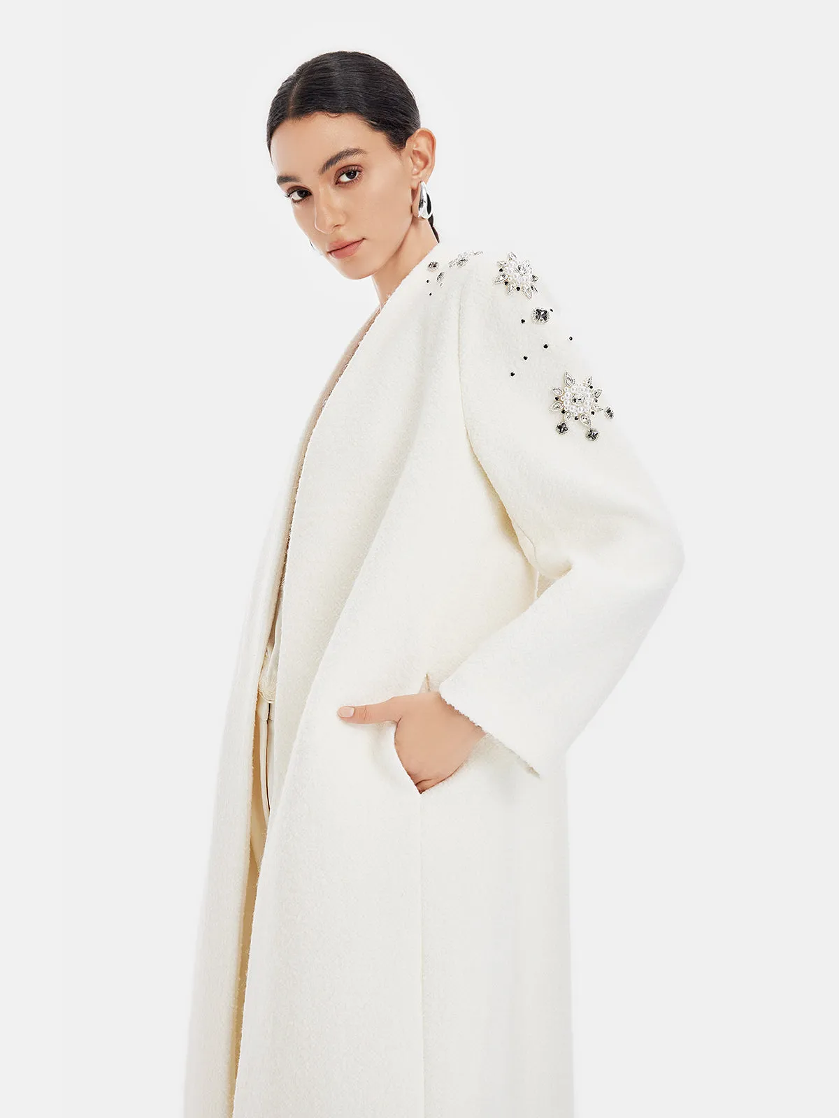 Minimalist Crystal Embellished Cashmere Coat