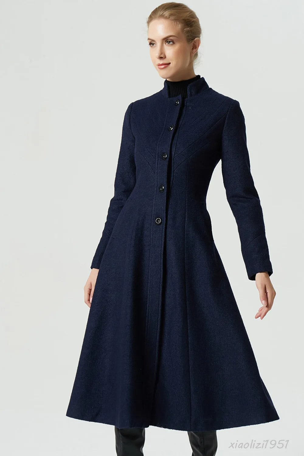 navy blue midi wool coat for women 1951#