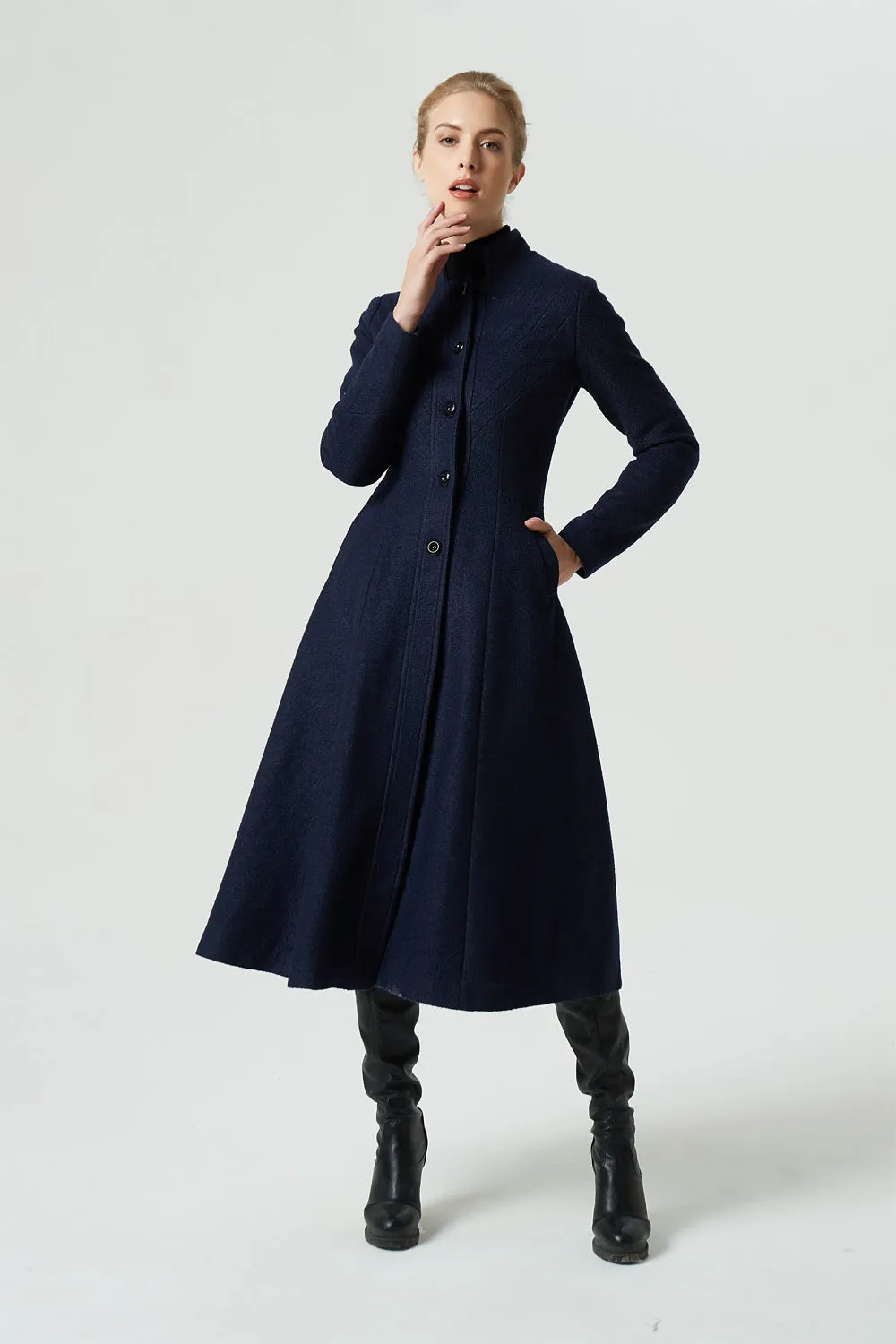 navy blue midi wool coat for women 1951#