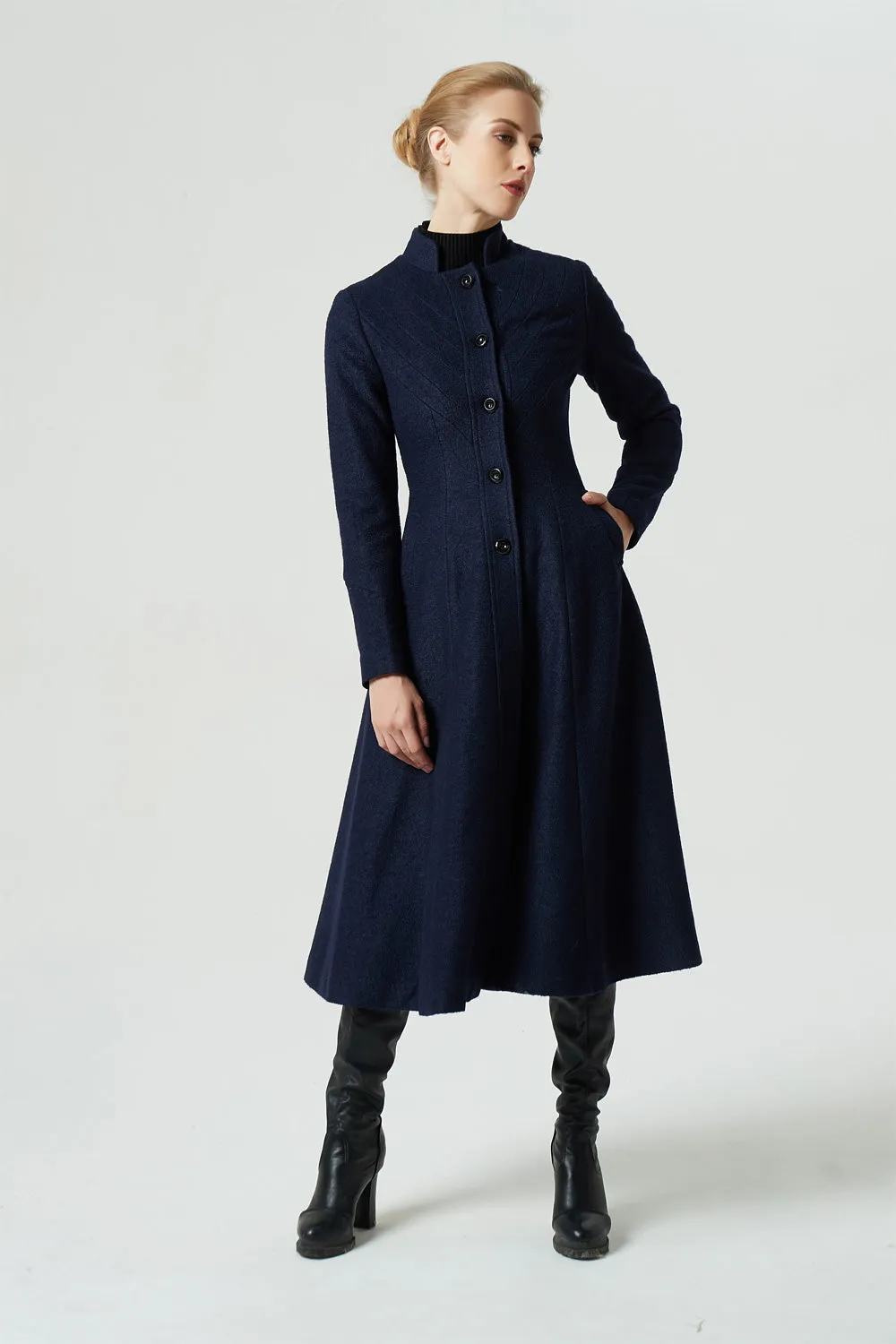 navy blue midi wool coat for women 1951#