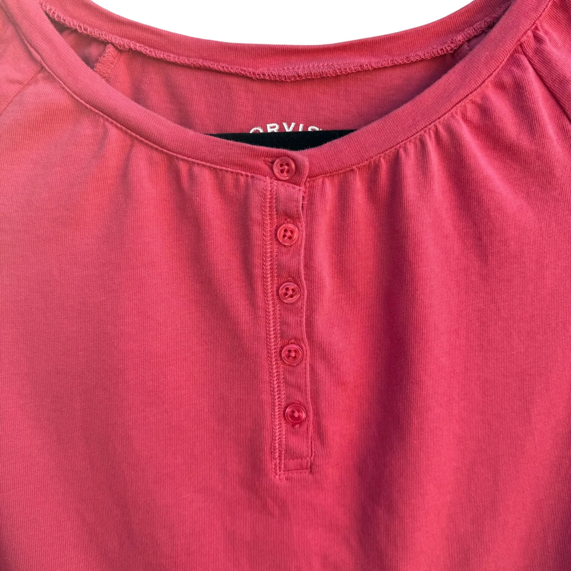 Orvis Womens Red Henley 3/4 Sleeve 1/4 Button Elastic Cuff & Waist Blouse Top M