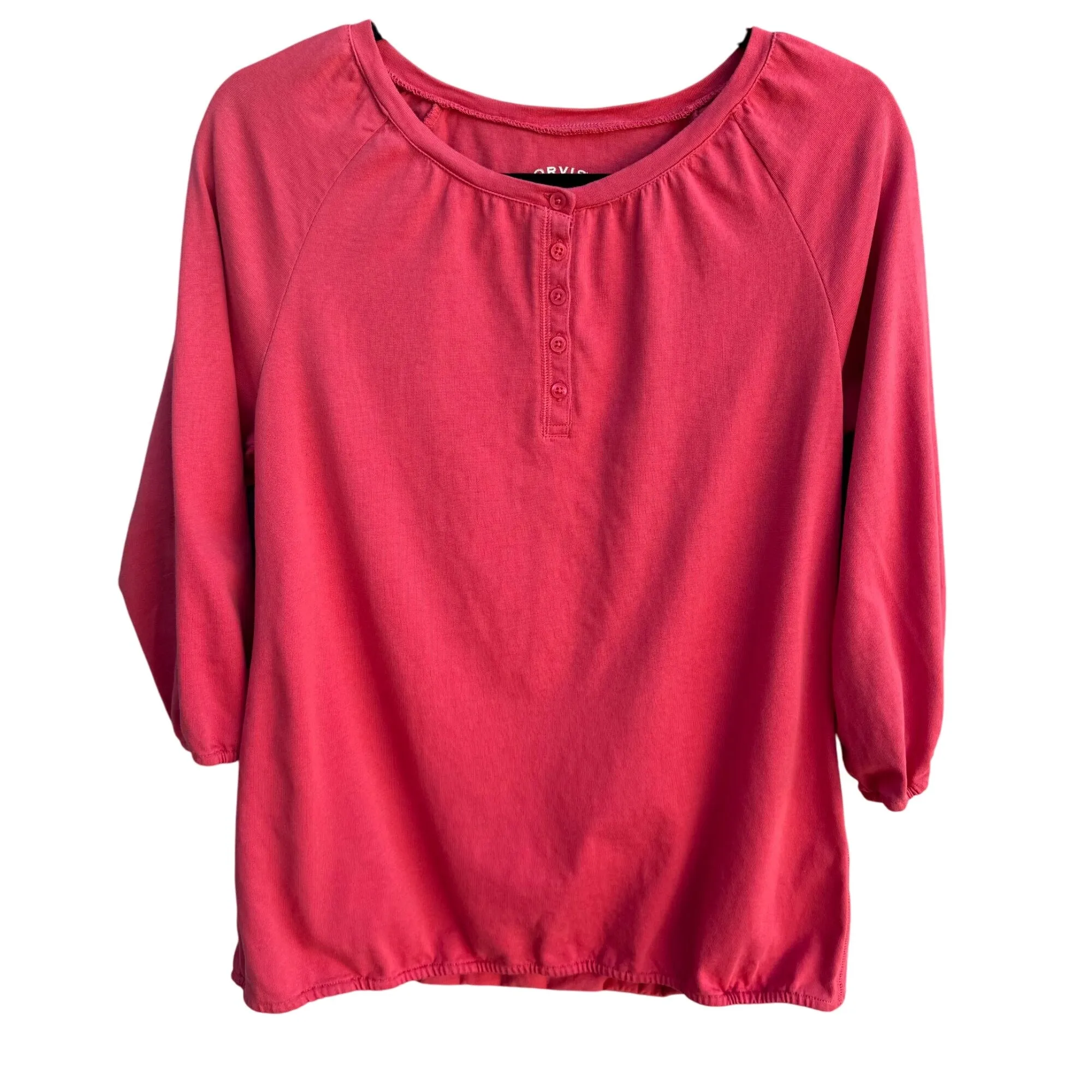 Orvis Womens Red Henley 3/4 Sleeve 1/4 Button Elastic Cuff & Waist Blouse Top M