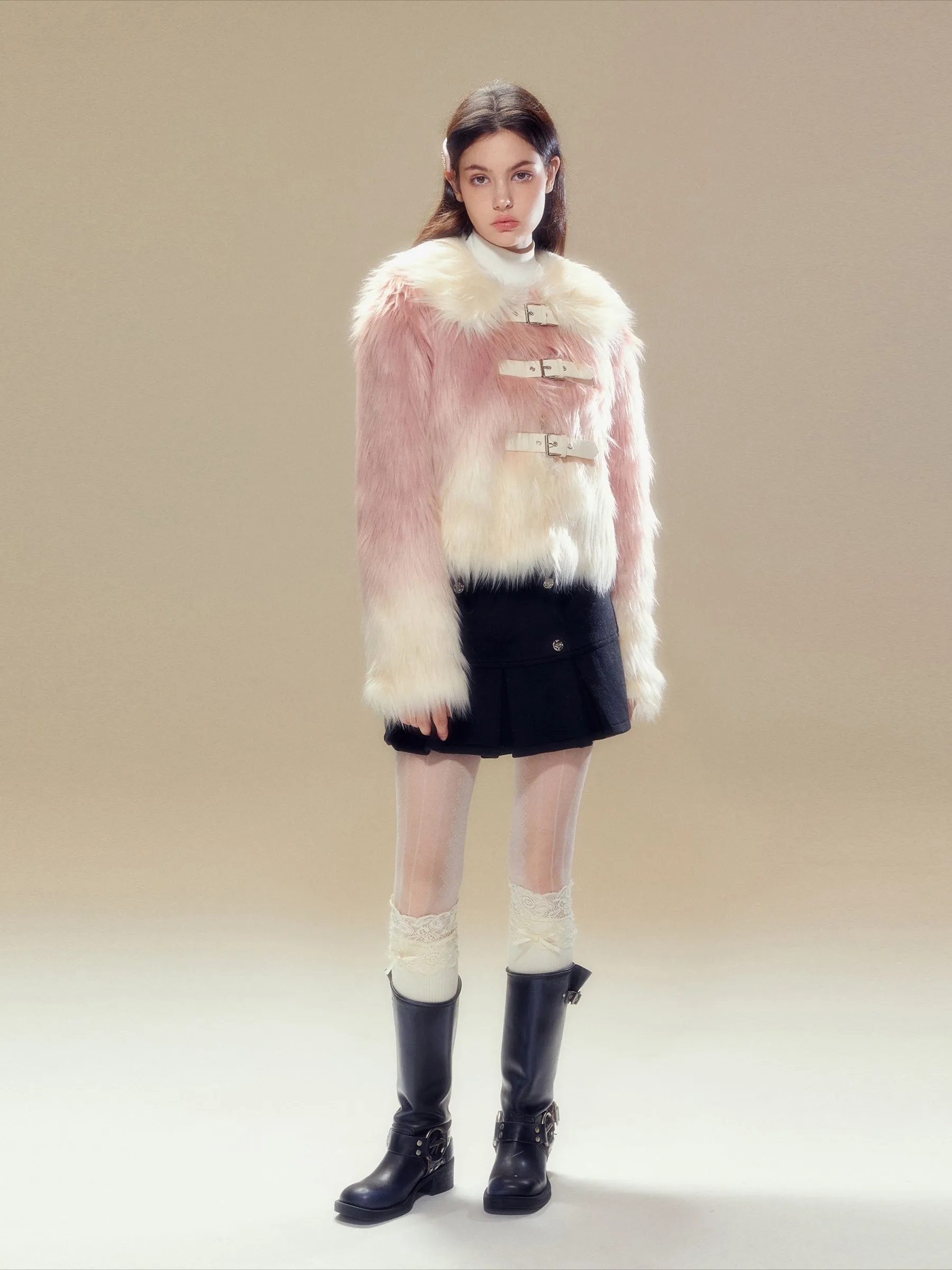 Pink Gradient Button Shearling Jacket