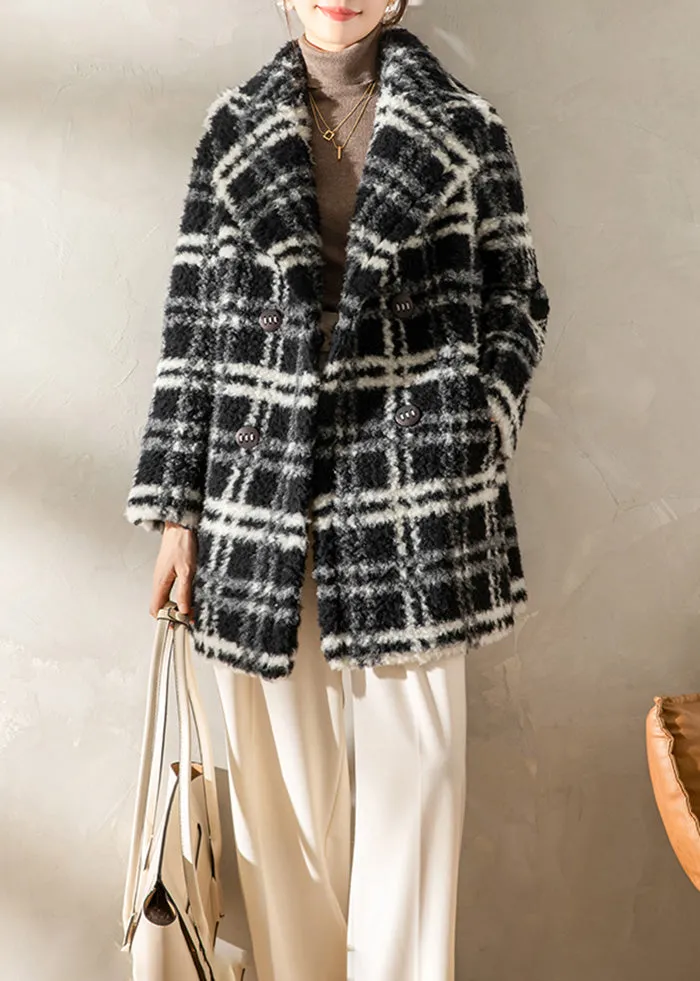 Plaid Pattern Lamb Fur Coat