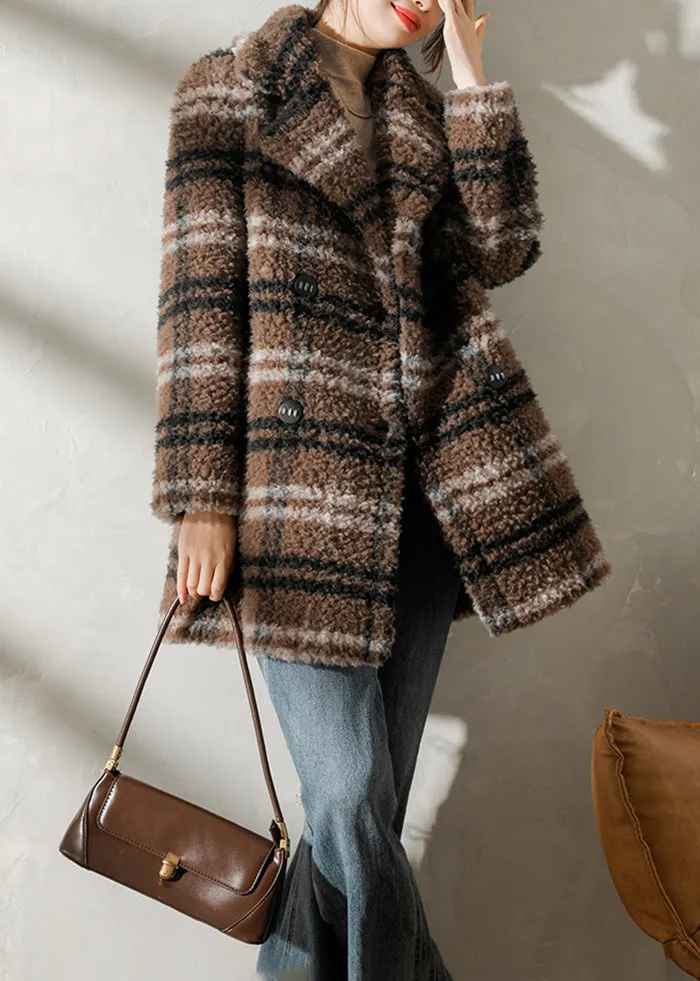 Plaid Pattern Lamb Fur Coat