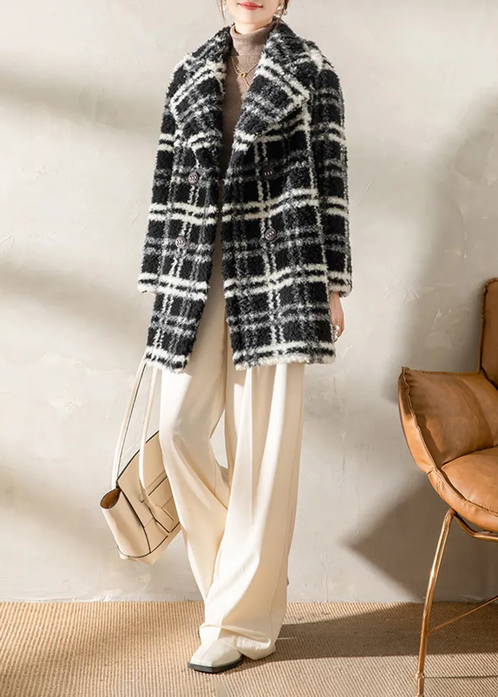 Plaid Pattern Lamb Fur Coat