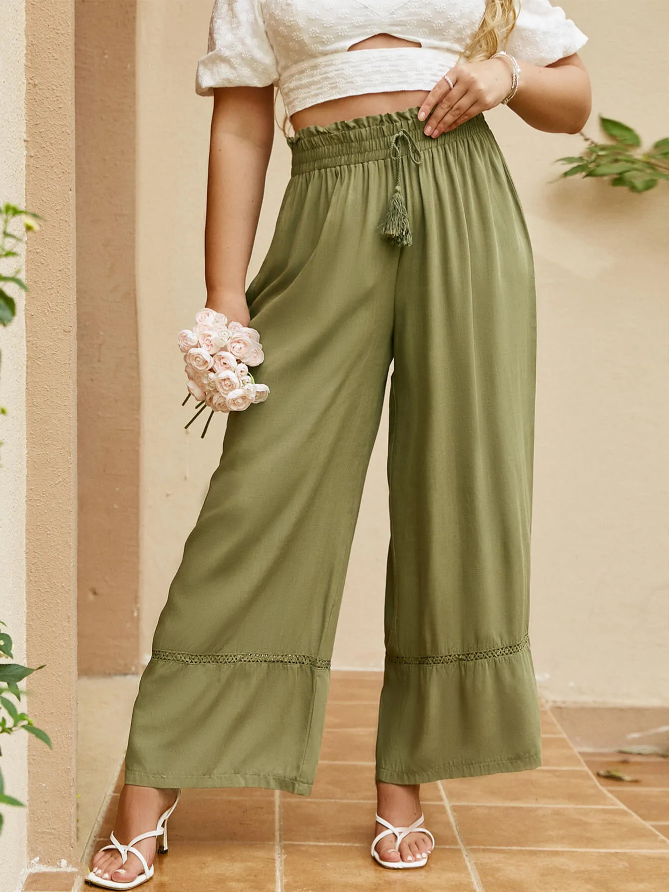 Plus Size Drawstring Detail Paperbag Wide Leg Pants