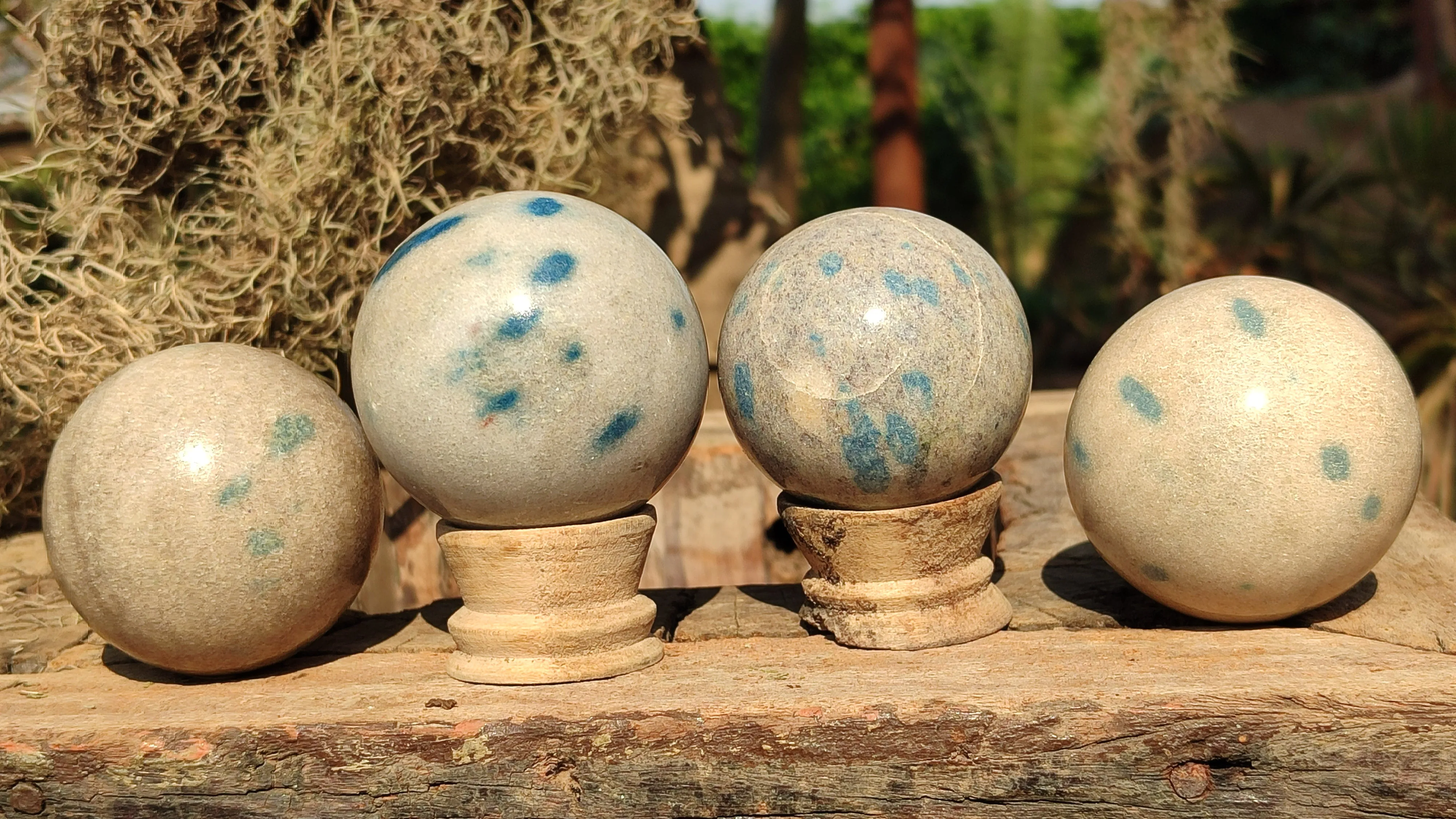 Polished Blue Spotted Spinel Quartz Spheres x 4 From Madagascar