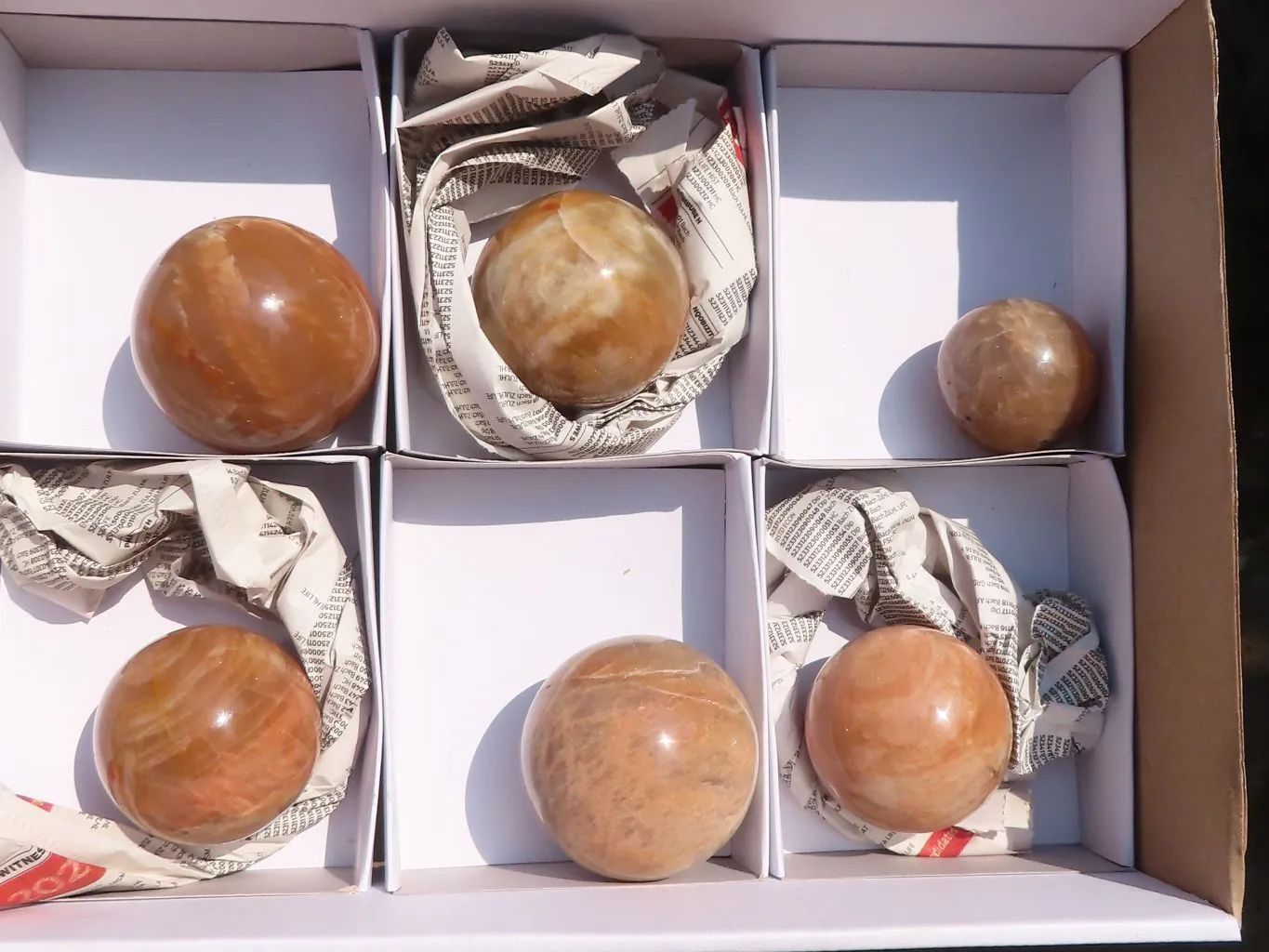 Polished Flashy Peach Moonstone Spheres x 6 From Madagascar