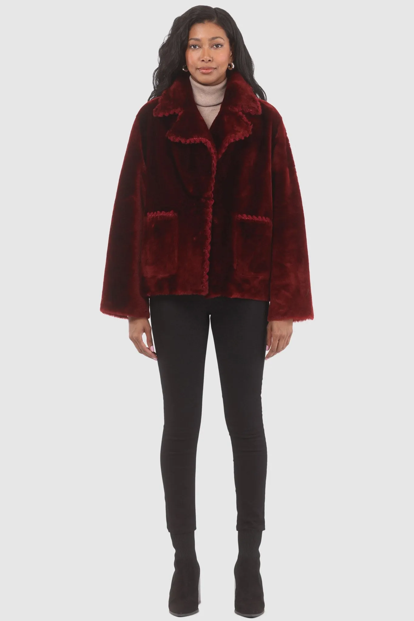 Reversible Select Shearling Lamb Jacket with Embroidered Trim