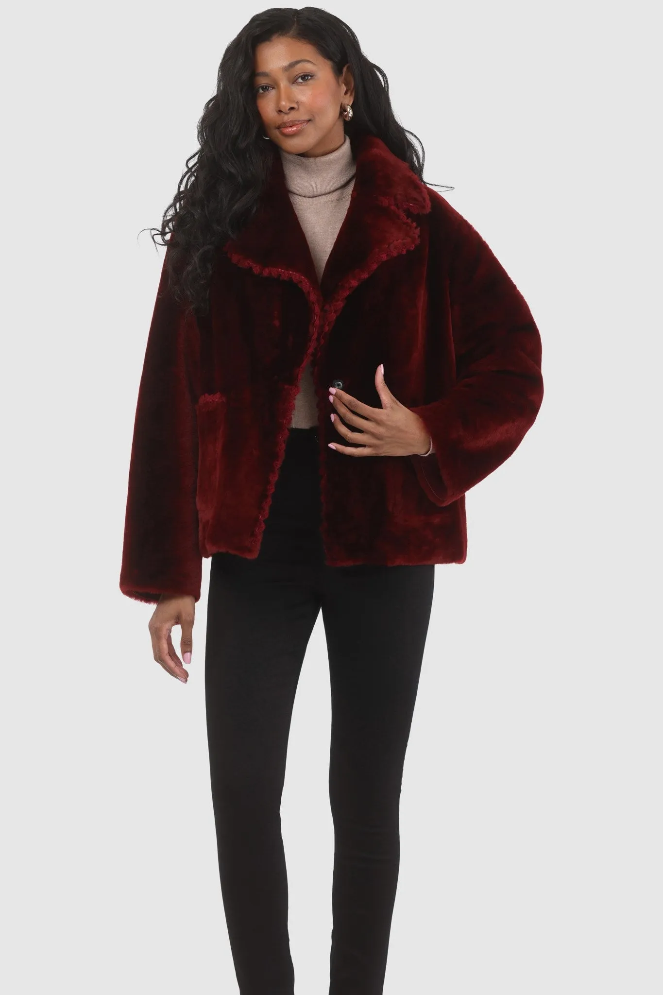 Reversible Select Shearling Lamb Jacket with Embroidered Trim