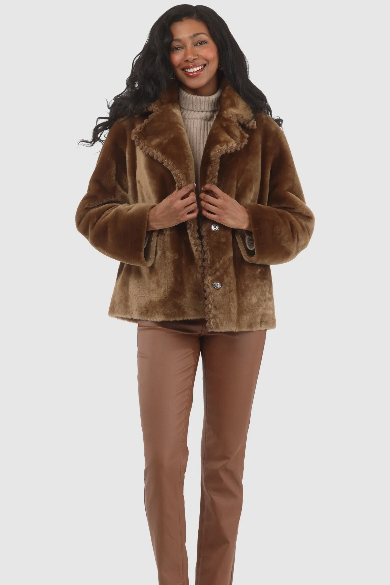 Reversible Select Shearling Lamb Jacket with Embroidered Trim