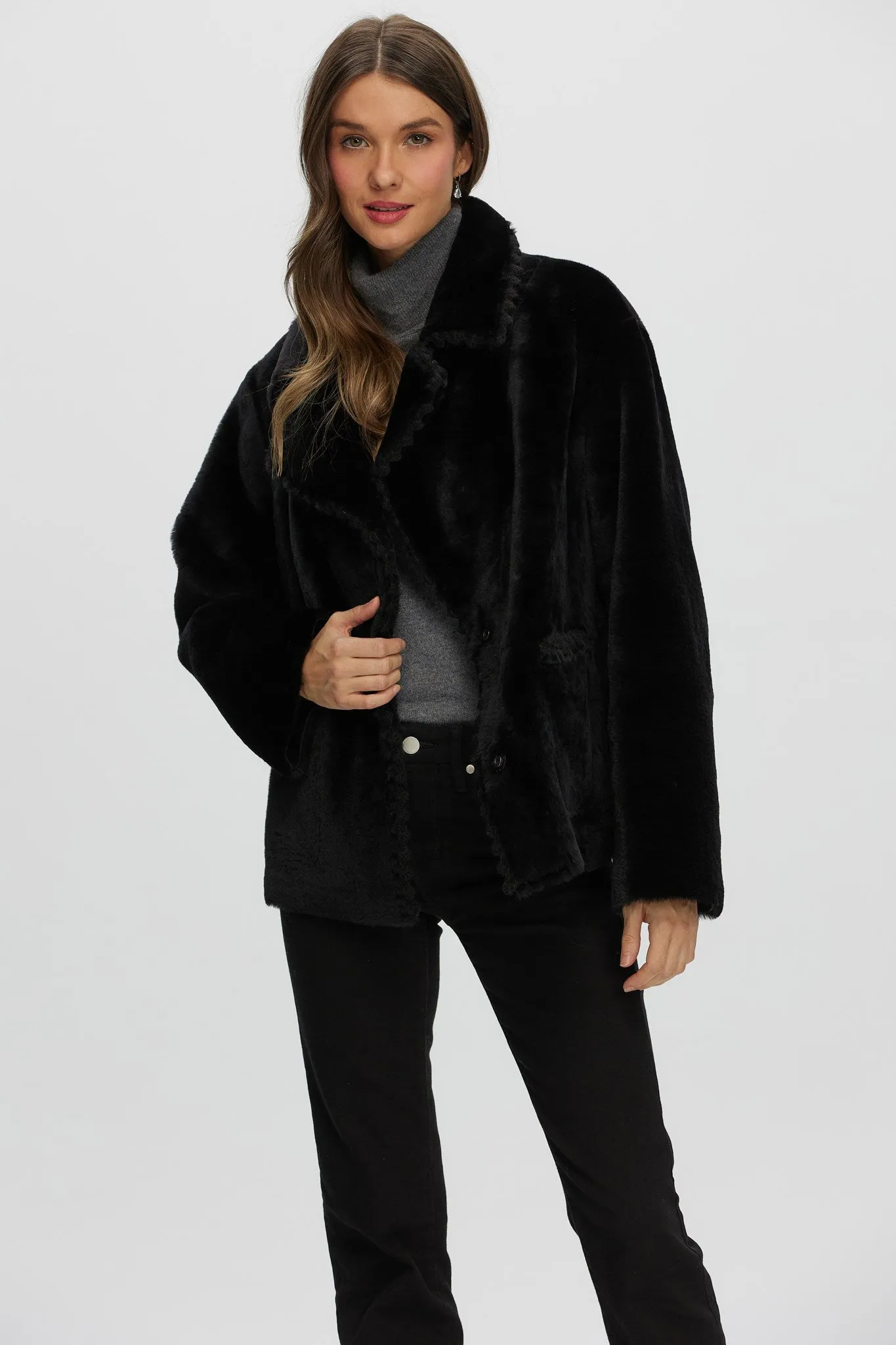 Reversible Select Shearling Lamb Jacket with Embroidered Trim