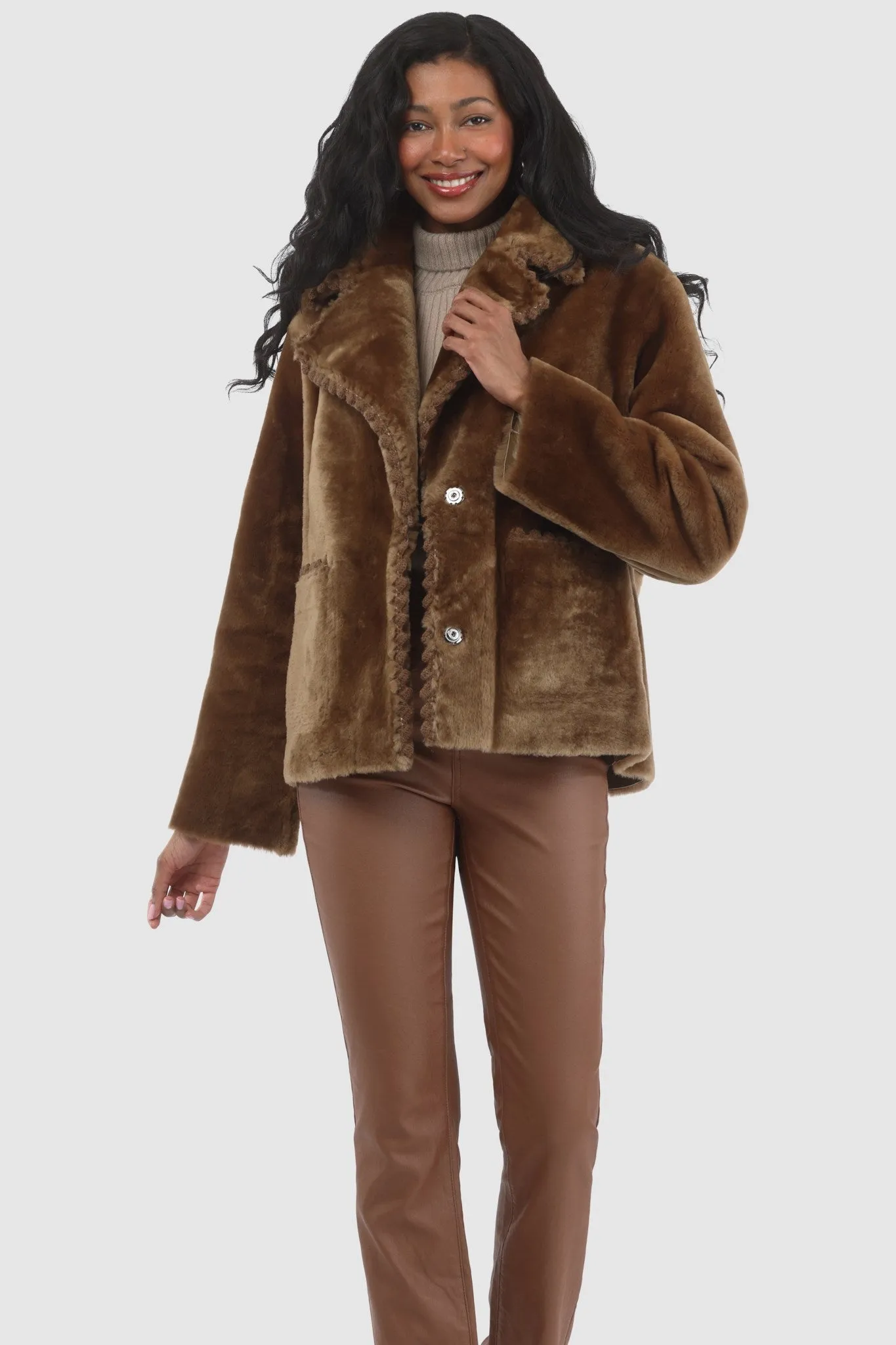 Reversible Select Shearling Lamb Jacket with Embroidered Trim