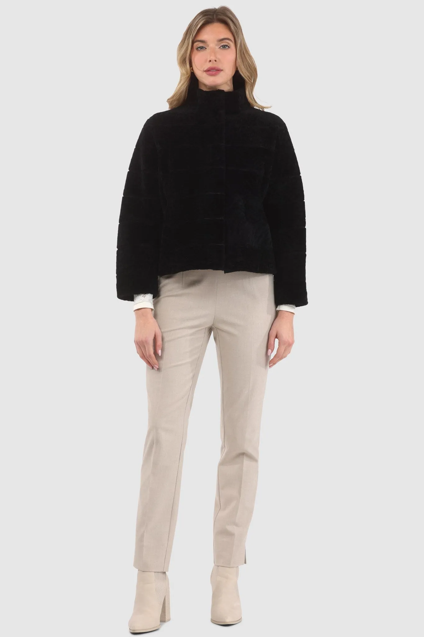 Reversible Textured Shearling Lamb Jacket with Cropped Sleeves