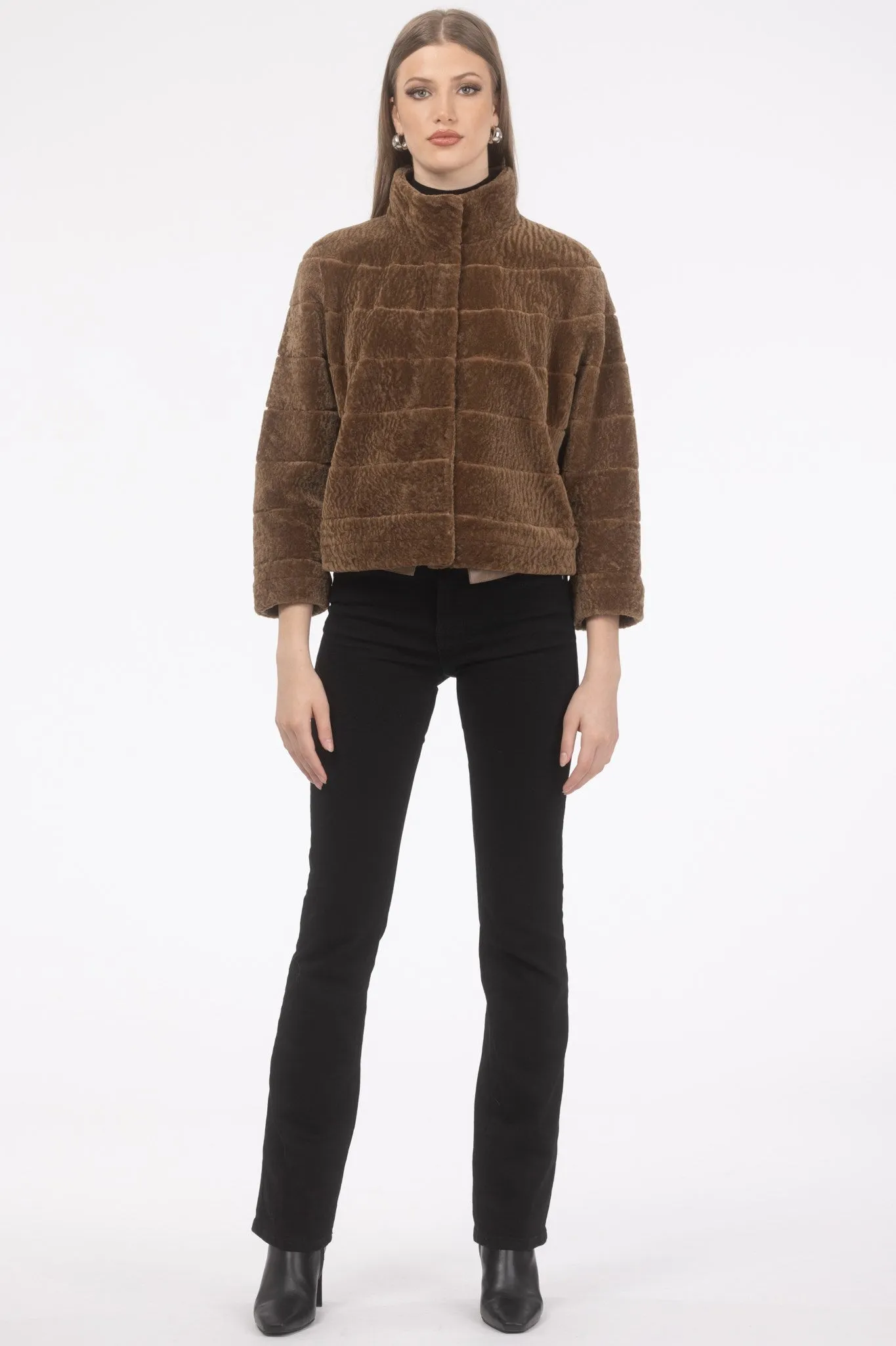 Reversible Textured Shearling Lamb Jacket with Cropped Sleeves