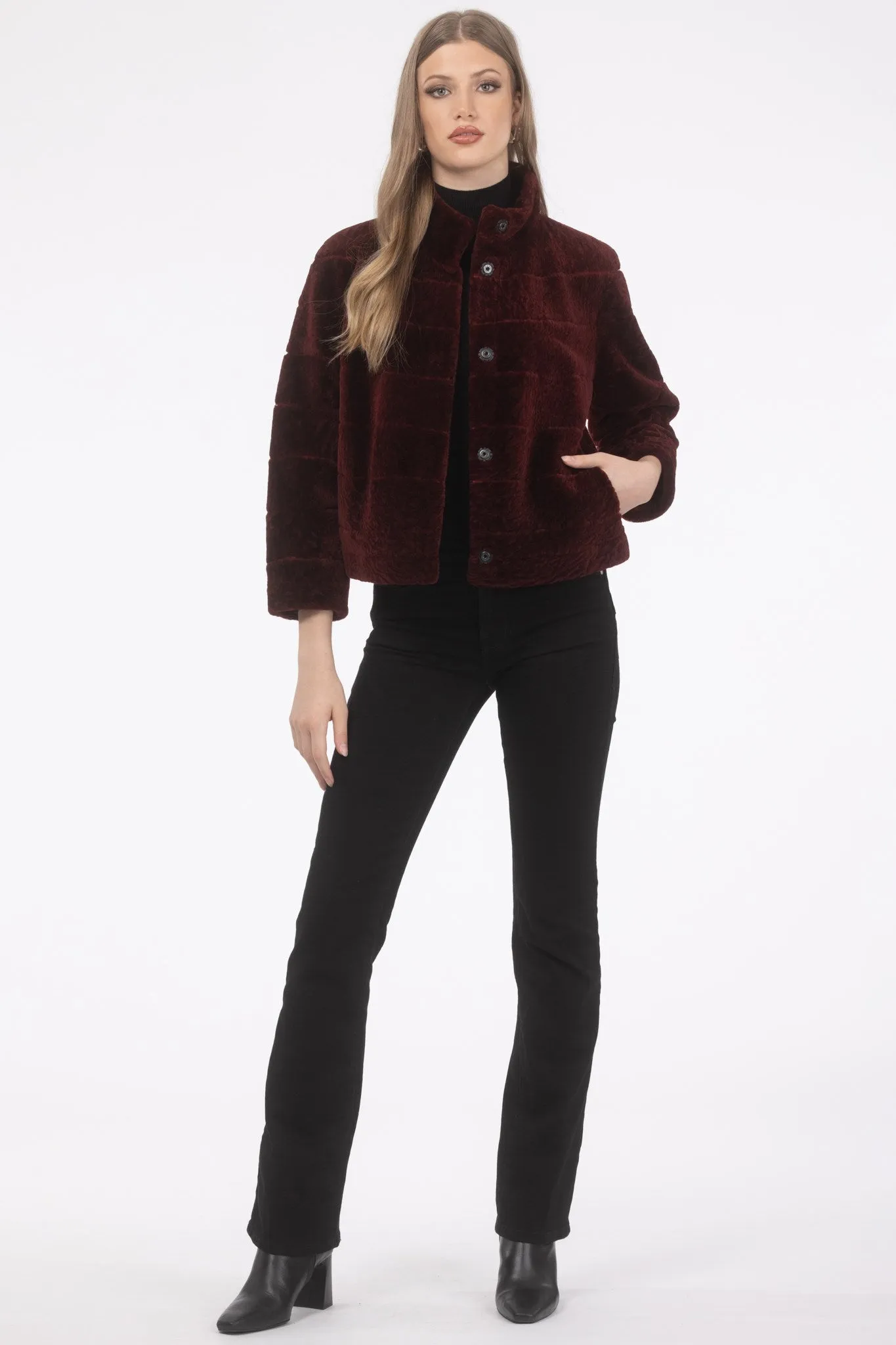 Reversible Textured Shearling Lamb Jacket with Cropped Sleeves