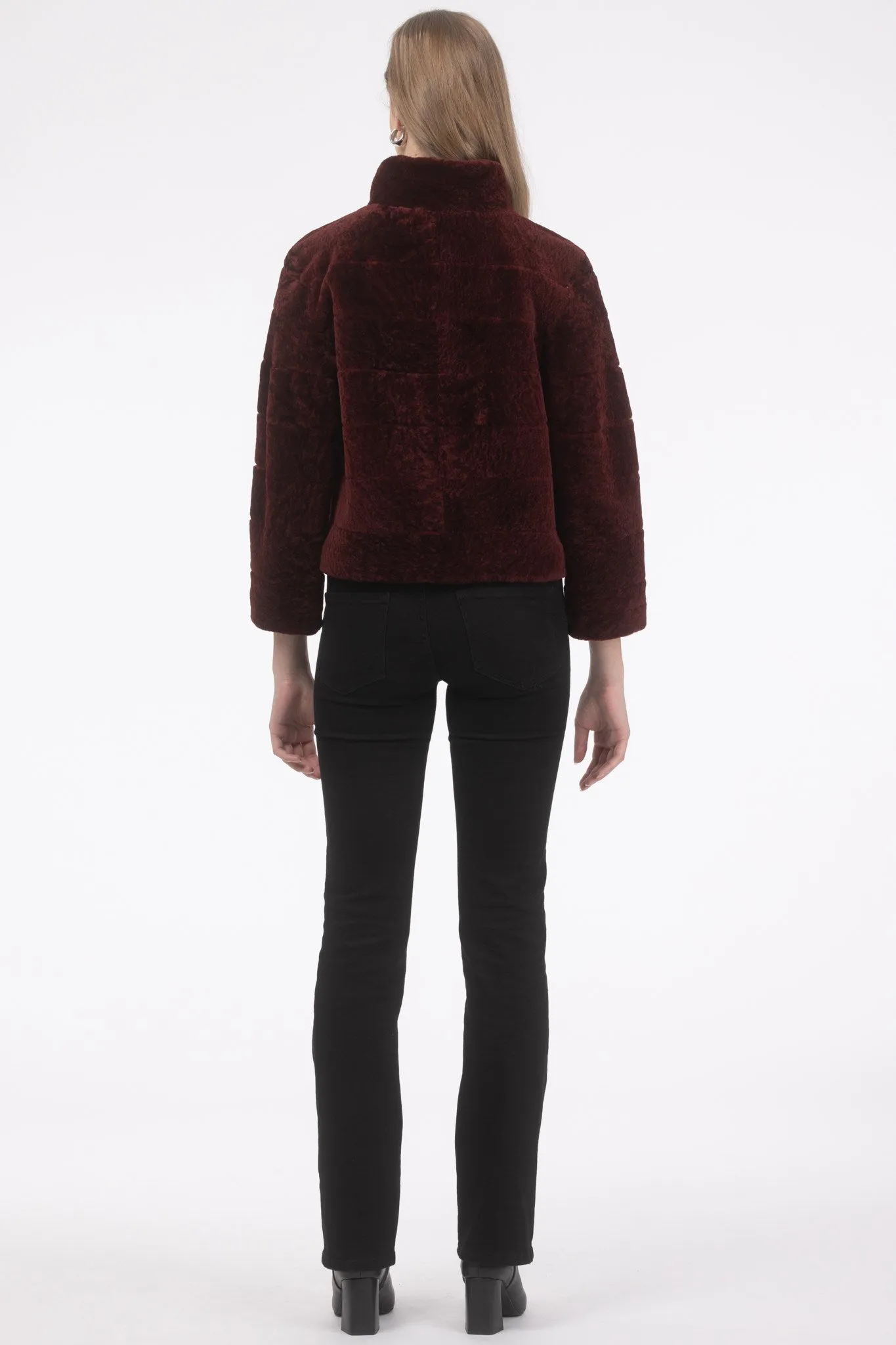 Reversible Textured Shearling Lamb Jacket with Cropped Sleeves