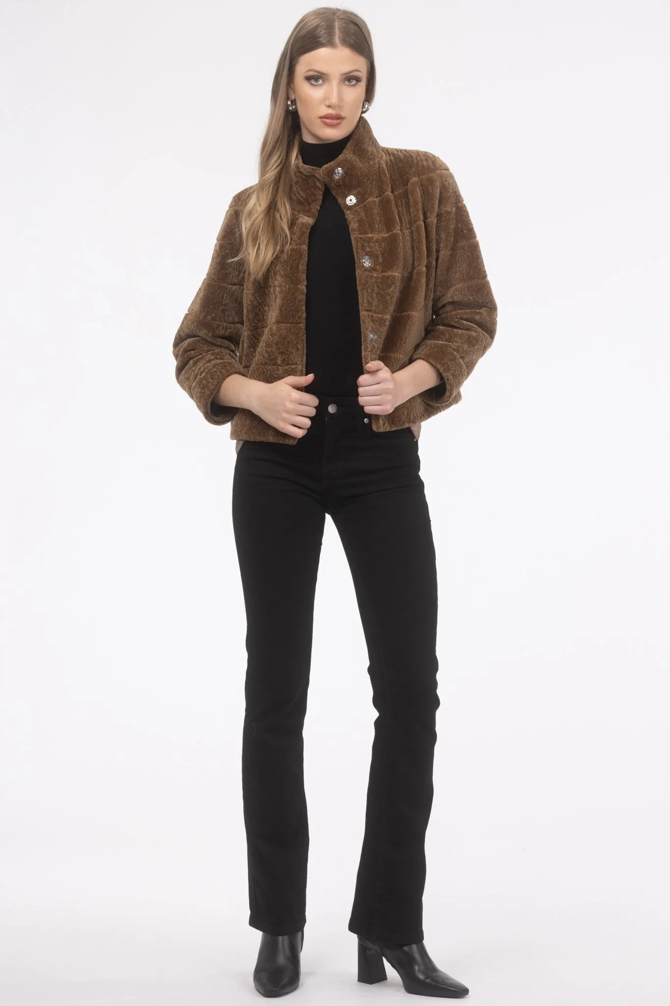 Reversible Textured Shearling Lamb Jacket with Cropped Sleeves