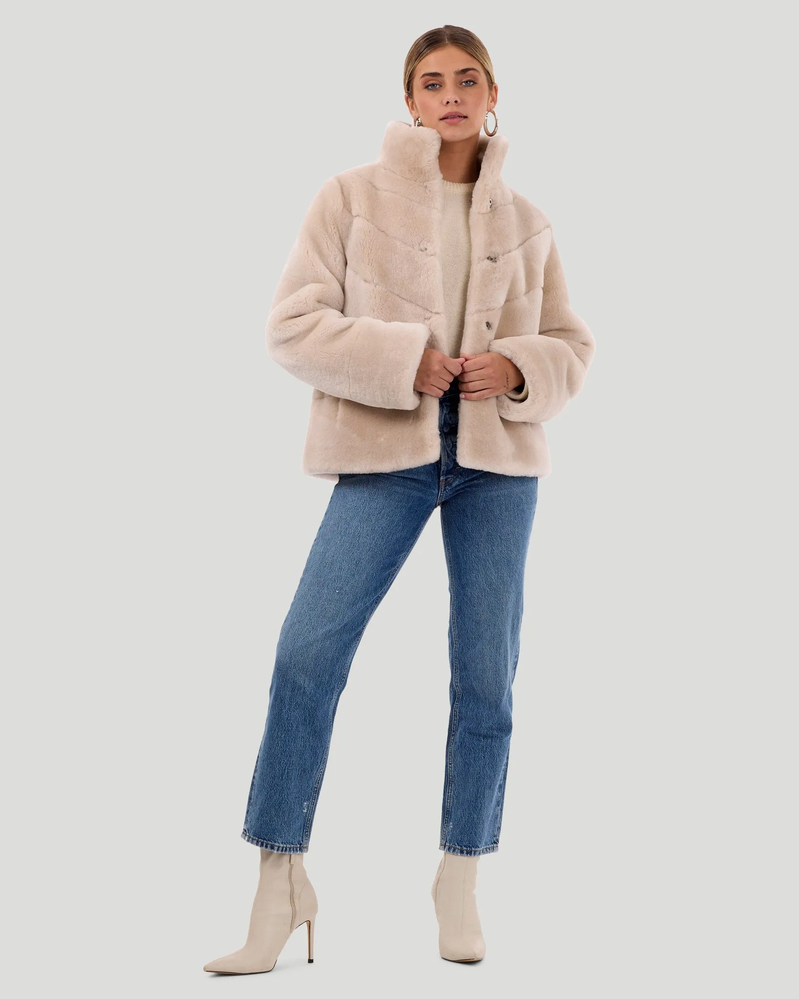 Select Shearling Lamb Chevron Jacket with Horizontal Bottom