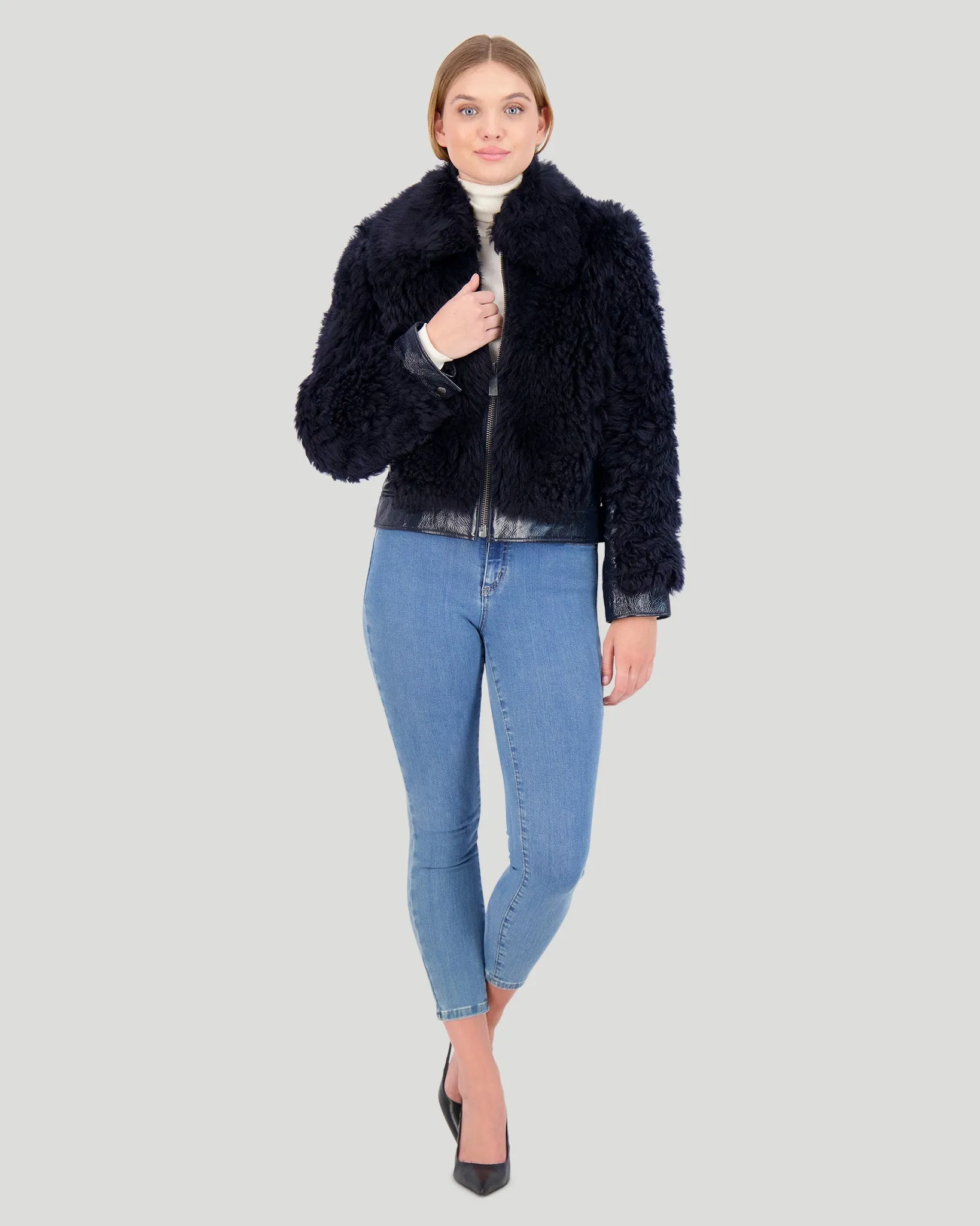 Shearling Lamb Bomber Jacket with Patent Leather Trim