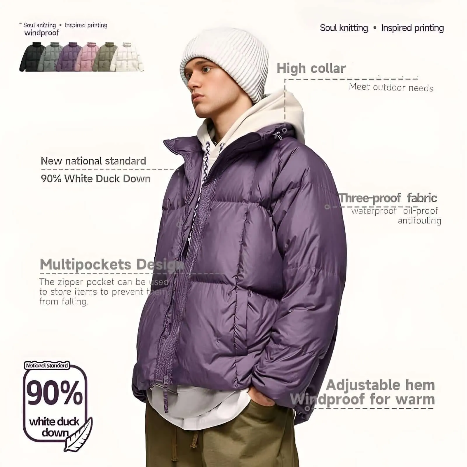 Solid Color Windproof White Duck Down Puffer Jackets for Men & Women