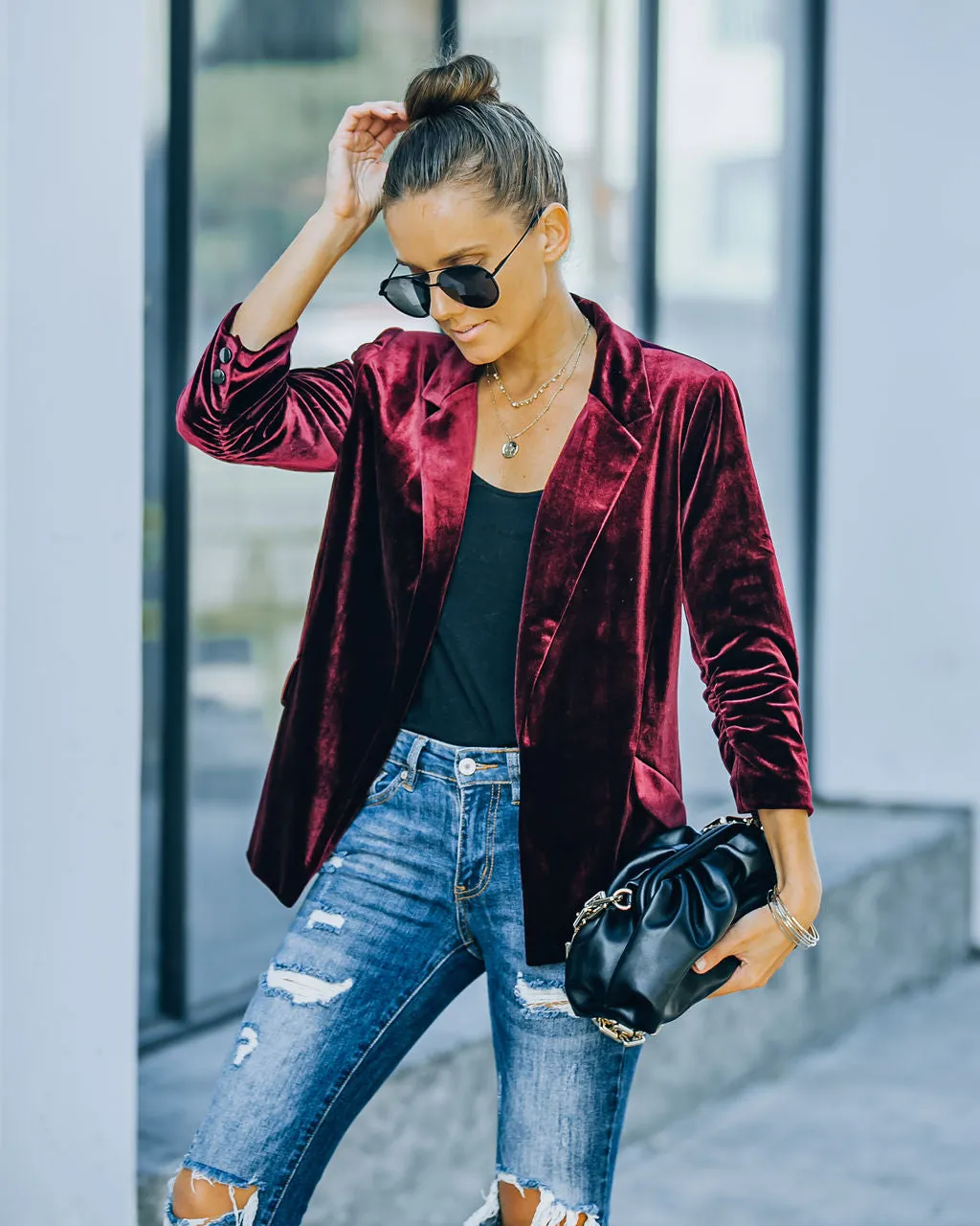 TastyHottie - Claudia Velvet Ruched Sleeve Blazer - Burgundy