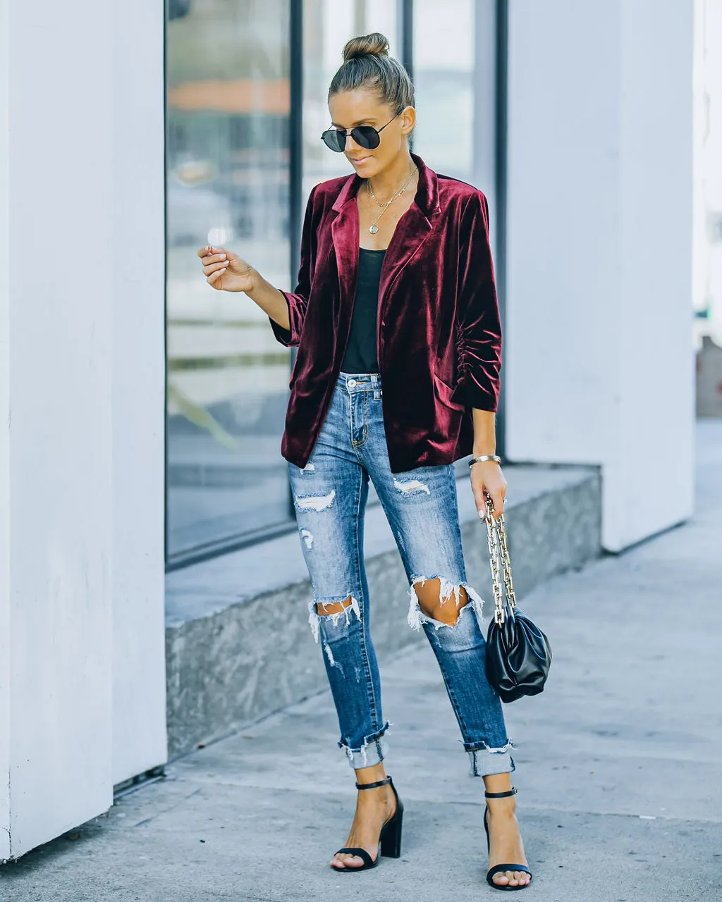 TastyHottie - Claudia Velvet Ruched Sleeve Blazer - Burgundy