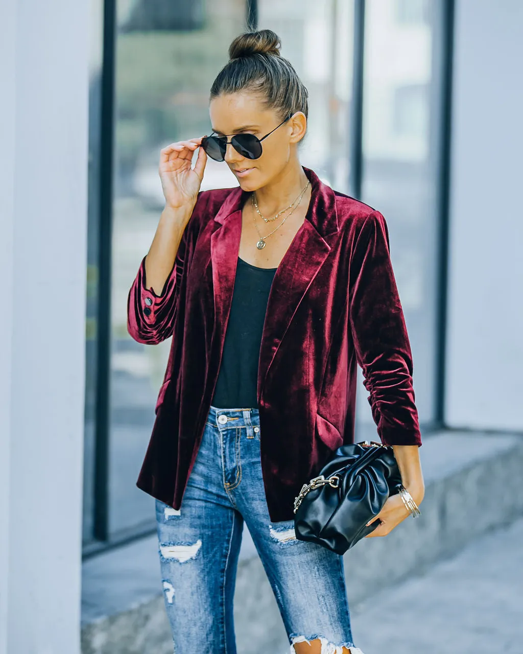 TastyHottie - Claudia Velvet Ruched Sleeve Blazer - Burgundy