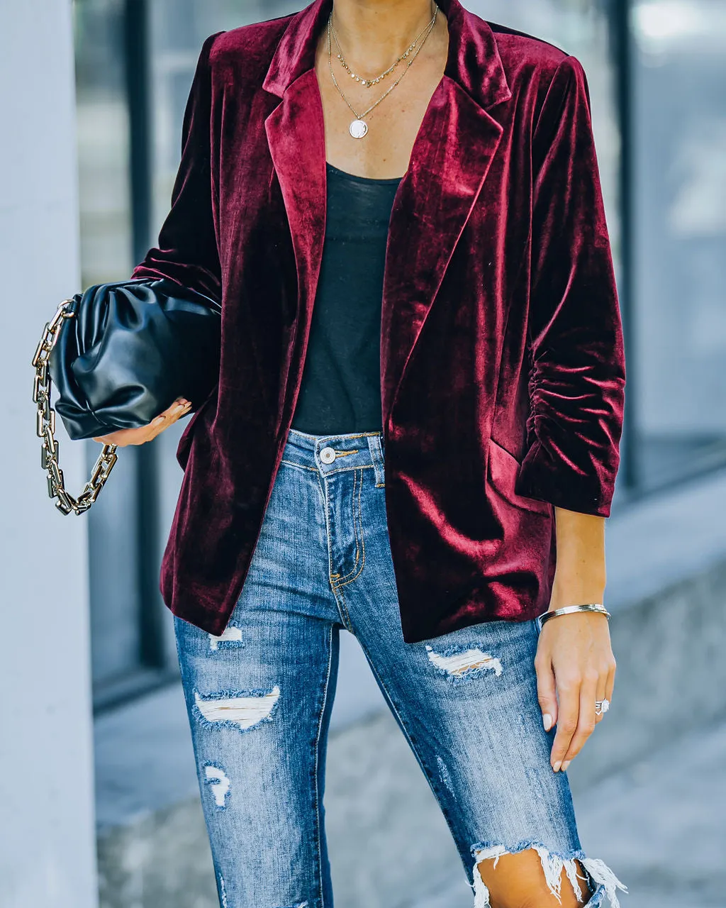 TastyHottie - Claudia Velvet Ruched Sleeve Blazer - Burgundy